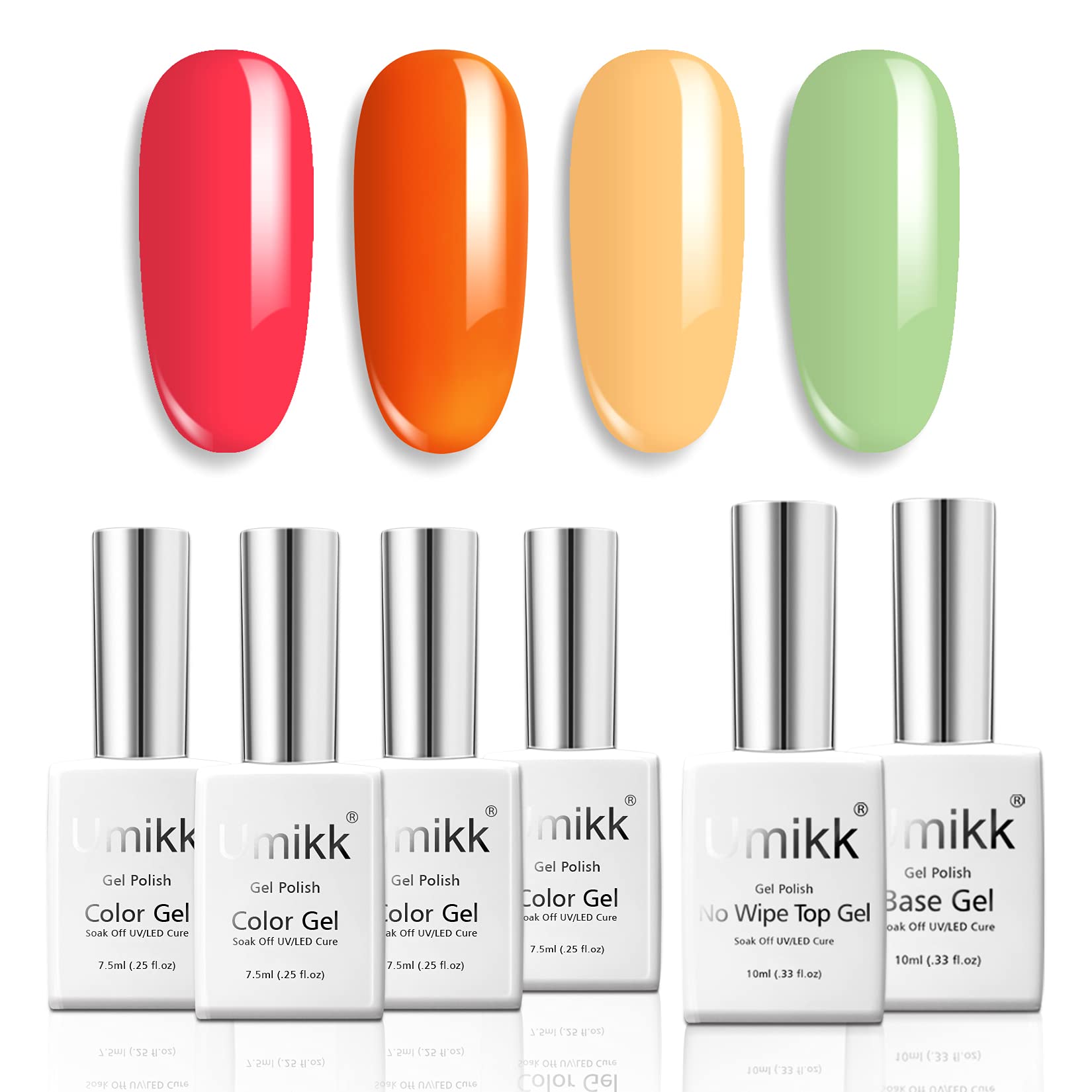 Umikk Gel Nail Polish Set - 7.5ml Red, Orange, Yellow, Green Colors with 10ml Base & Top Coat - Soak Off UV LED Cured for Home Manicure & Nail Art - Perfect for DIY Nails, Salon Quality, Long Lasting Wear
