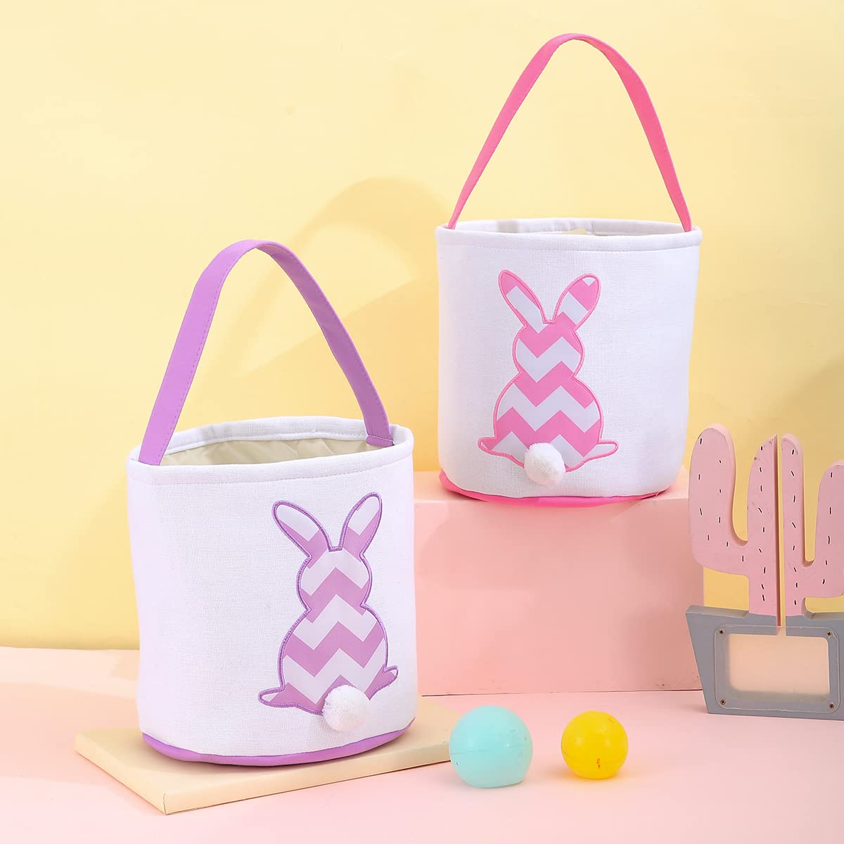 Easter Bunny Basket Bags for Kids - Striped Rabbit Pattern Cotton Canvas Egg Hunt Bag with Fluffy Tail - Personalized Easter Gift Basket for Candy, Eggs & Treats (Pink) - Perfect for Easter Egg Hunts, Spring Celebrations & Kids' Party Favors