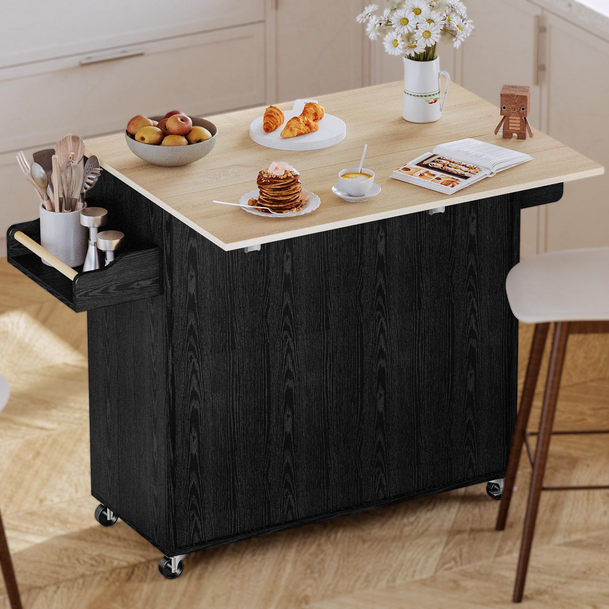 IRONCK Black Kitchen Island Cart with Storage - Rolling Mobile Kitchen Island with Drop Leaf, Charging Station, 3-Tier Spice Rack, Cabinet & Drawer - Perfect for Small Kitchens, Dining Areas & Food Prep Stations