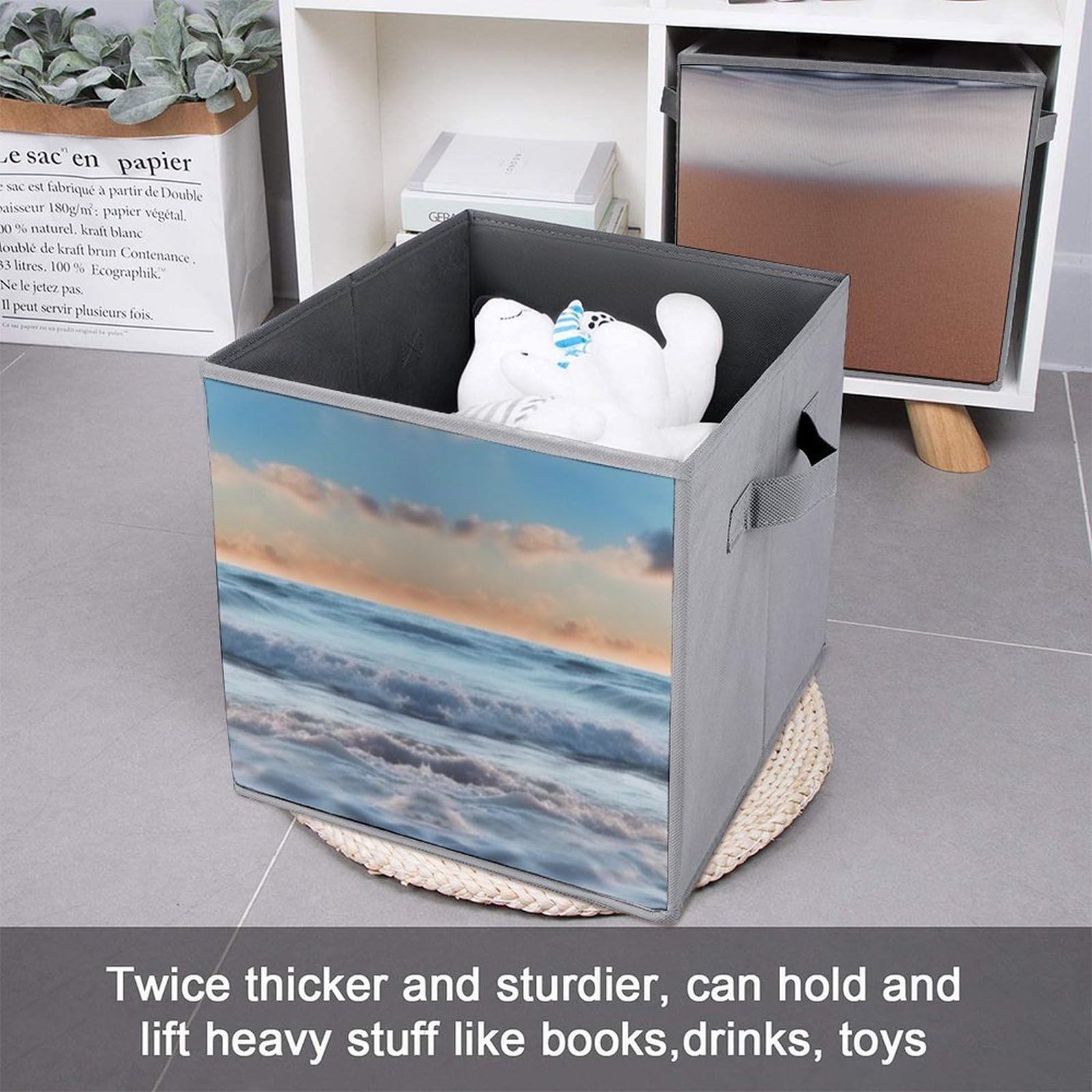 6-Pack Heart Shaped Collapsible Storage Bins with Handles - Romantic Beach Themed Foldable Storage Baskets for Closet, Bedroom & Bathroom Organization - Large Fabric Storage Cubes for Clothes, Toys & Home Decor