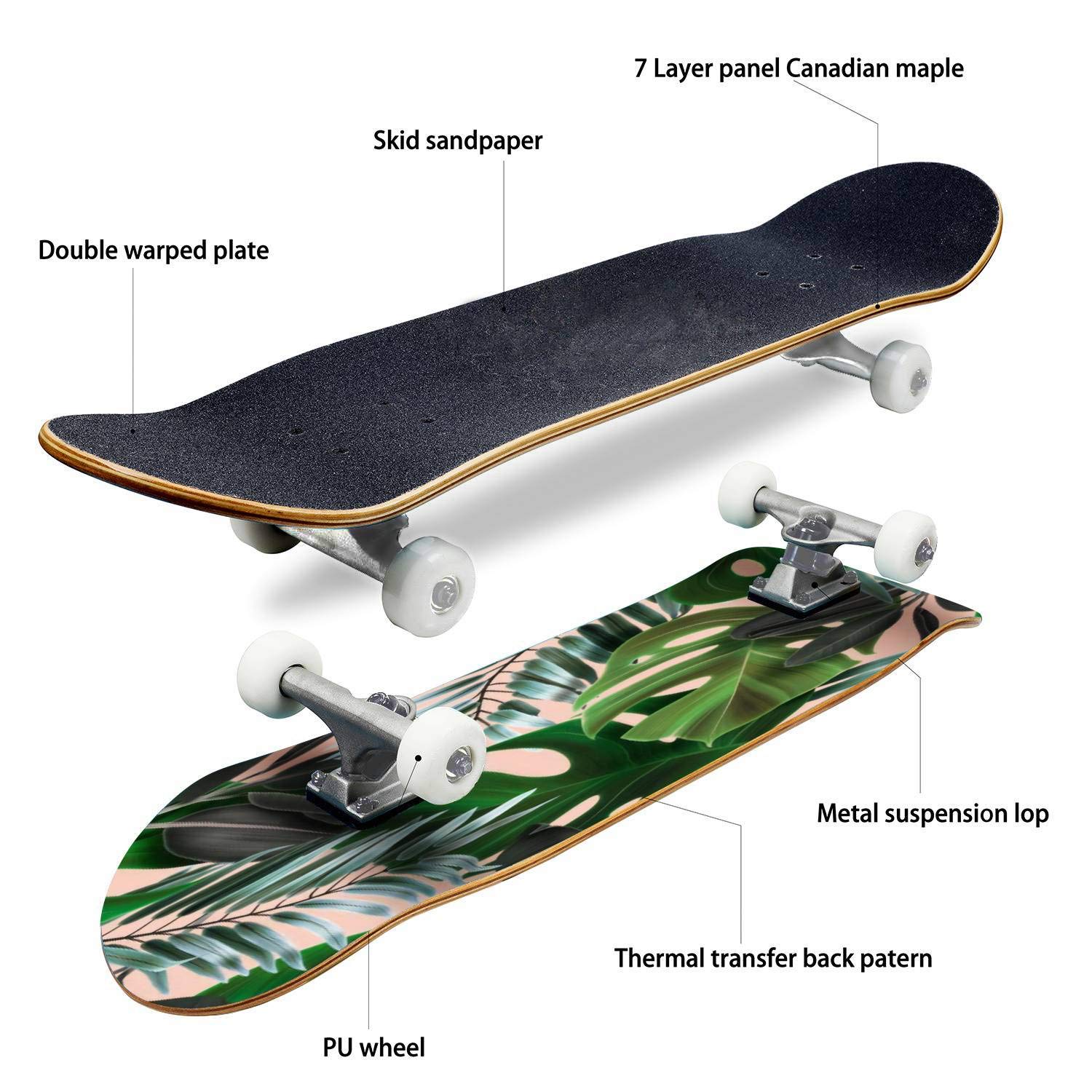 Premium Skateboard with Tropical Palm Leaf Design - Classic Concave Deck for Beginners & Pros | Stylish Floral Pattern Longboard for Extreme Sports & Teen Gifts | Perfect for Street Skating, Commuting & Beach Cruising