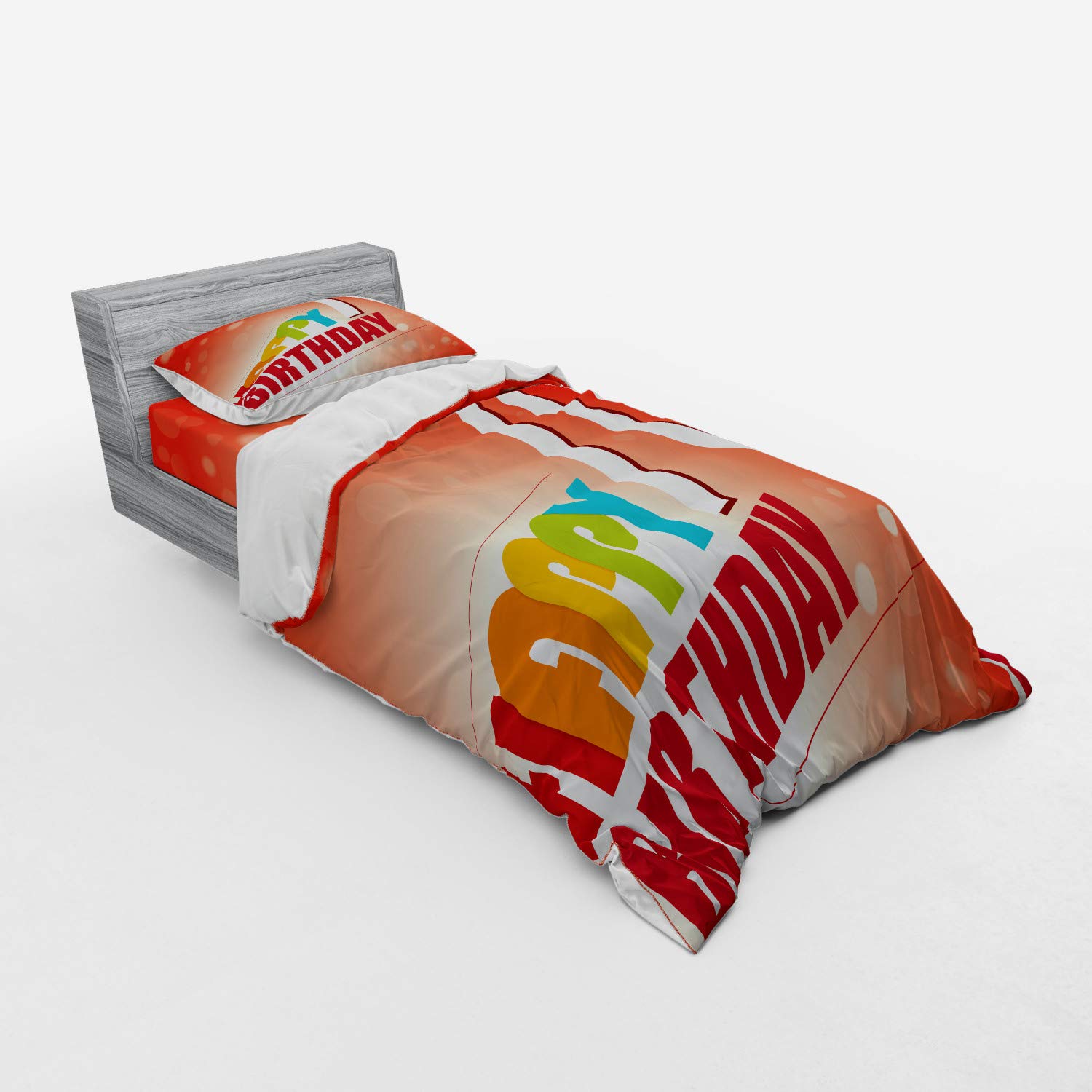 Ambesonne 70th Birthday Bedding Set - Vibrant Abstract Print with Happy Birthday Message, 3-Piece Duvet Cover Set with Sham & Fitted Sheet, Twin Size in Red & Orange - Perfect for Birthday Celebrations & Guest Room Decor
