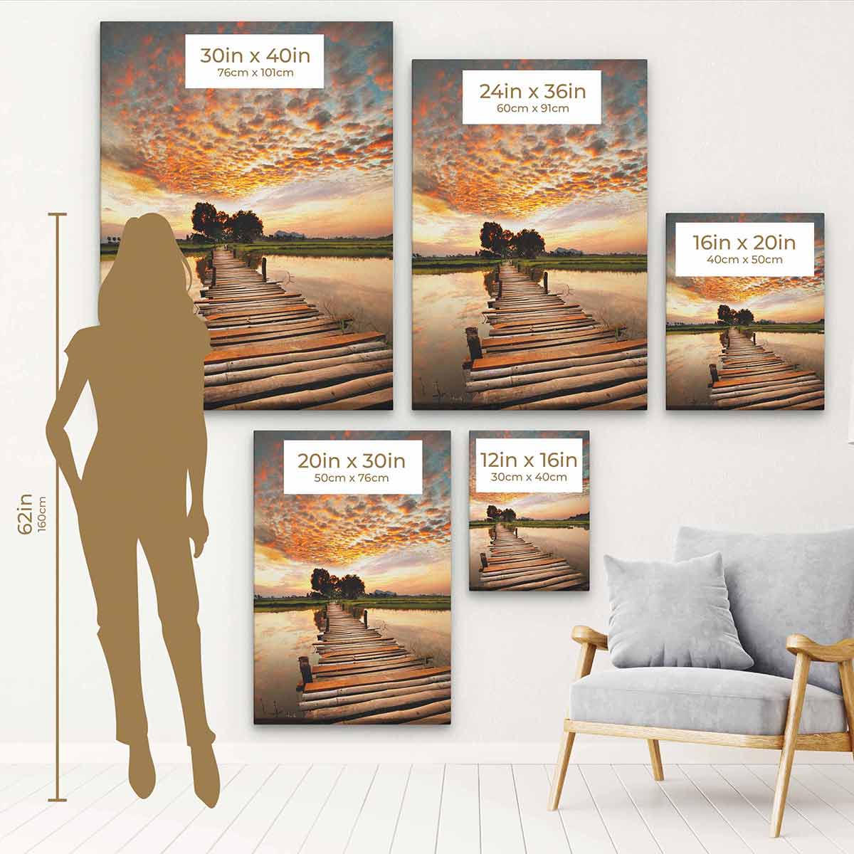 Orange Sunrise Bridge Wall Art Canvas Print - Modern Landscape Painting for Living Room, Bedroom & Office Decor
