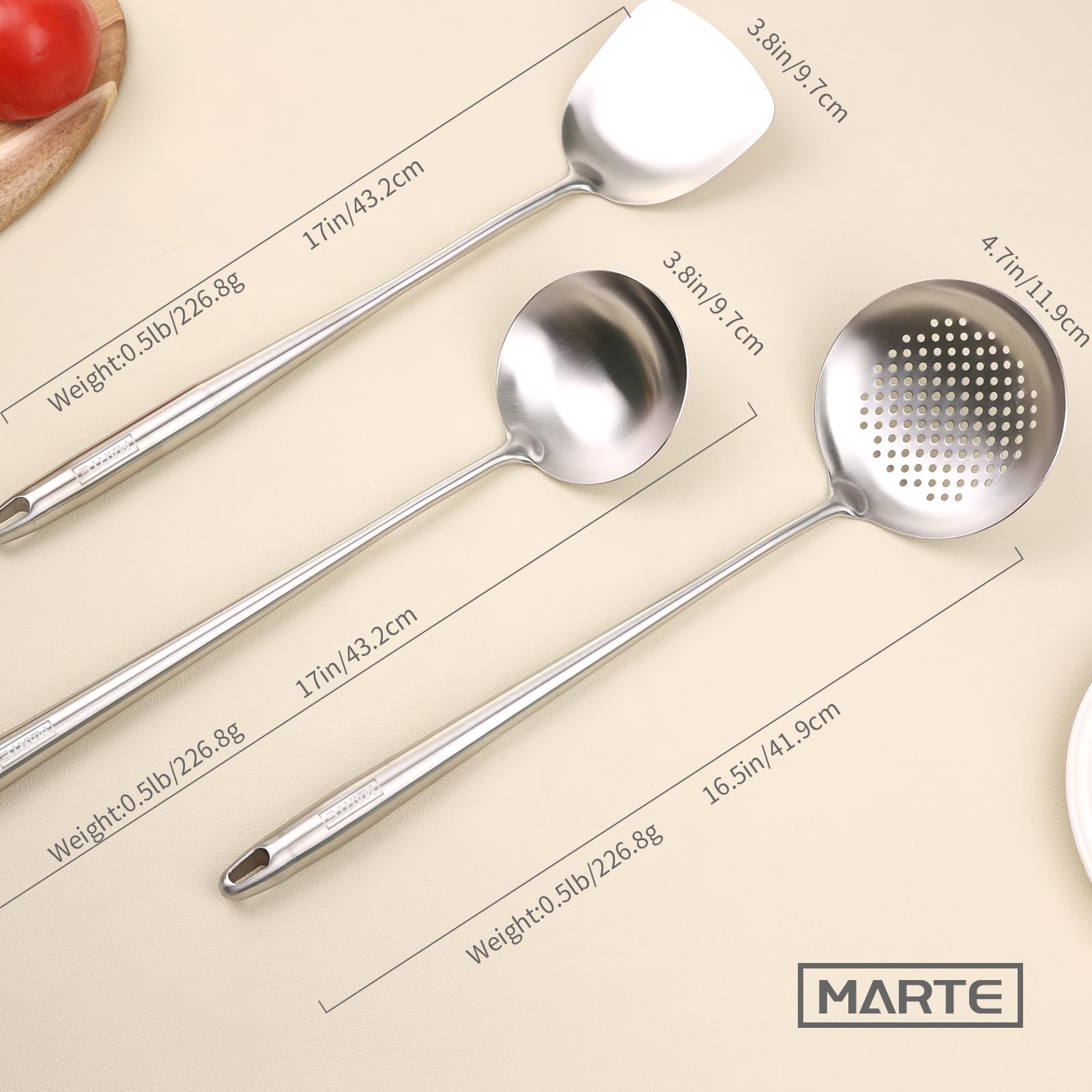 **MARTE 3-Piece Stainless Steel Wok Spatula, Ladle & Skimmer Spoon Set - 17