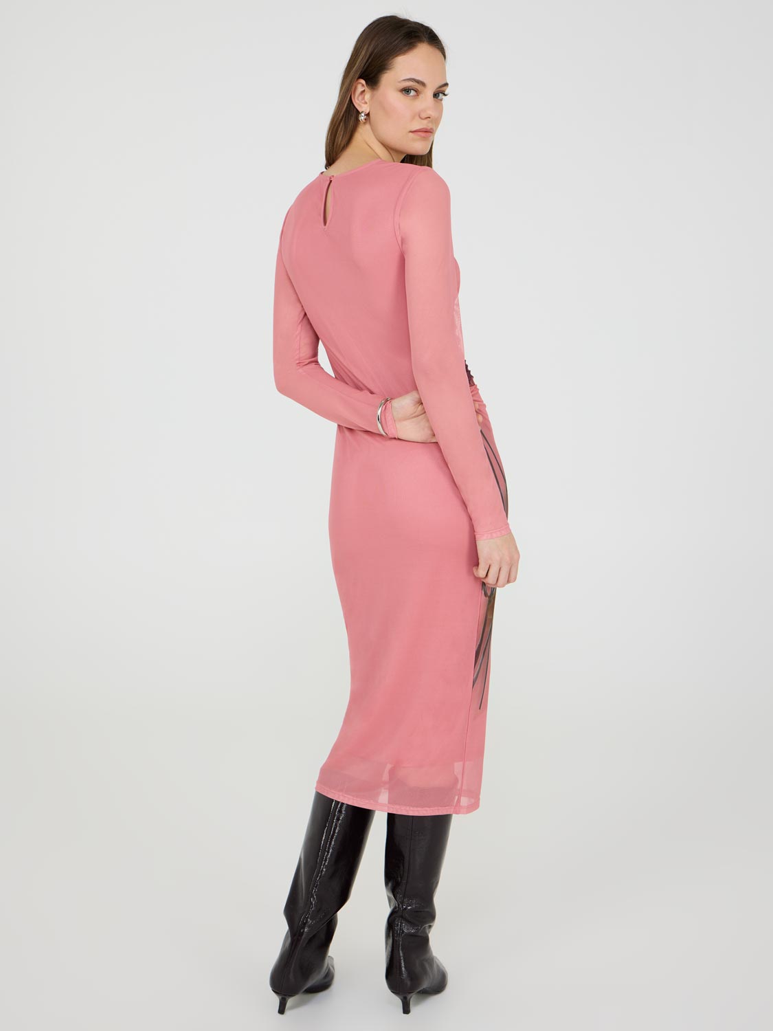 Floral Mesh Midi Dress for Women - Elegant Column Dress with Floral Placement for Weddings, Parties & Special Occasions