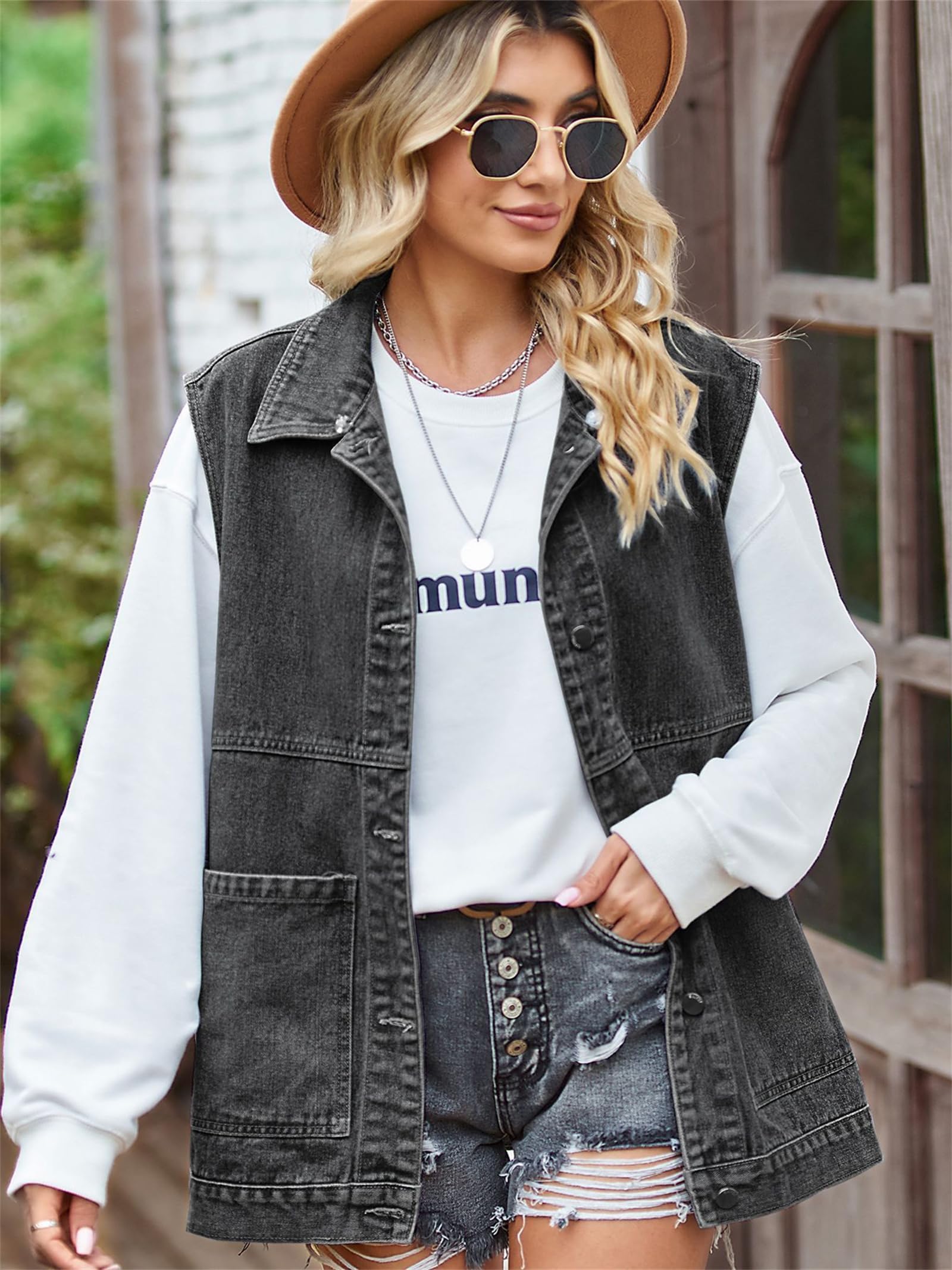Uposiut Women's Oversized Distressed Denim Vest - Long Sleeveless Jean Jacket for Casual Outfits & Layering | Perfect for Spring, Fall & Outdoor Activities