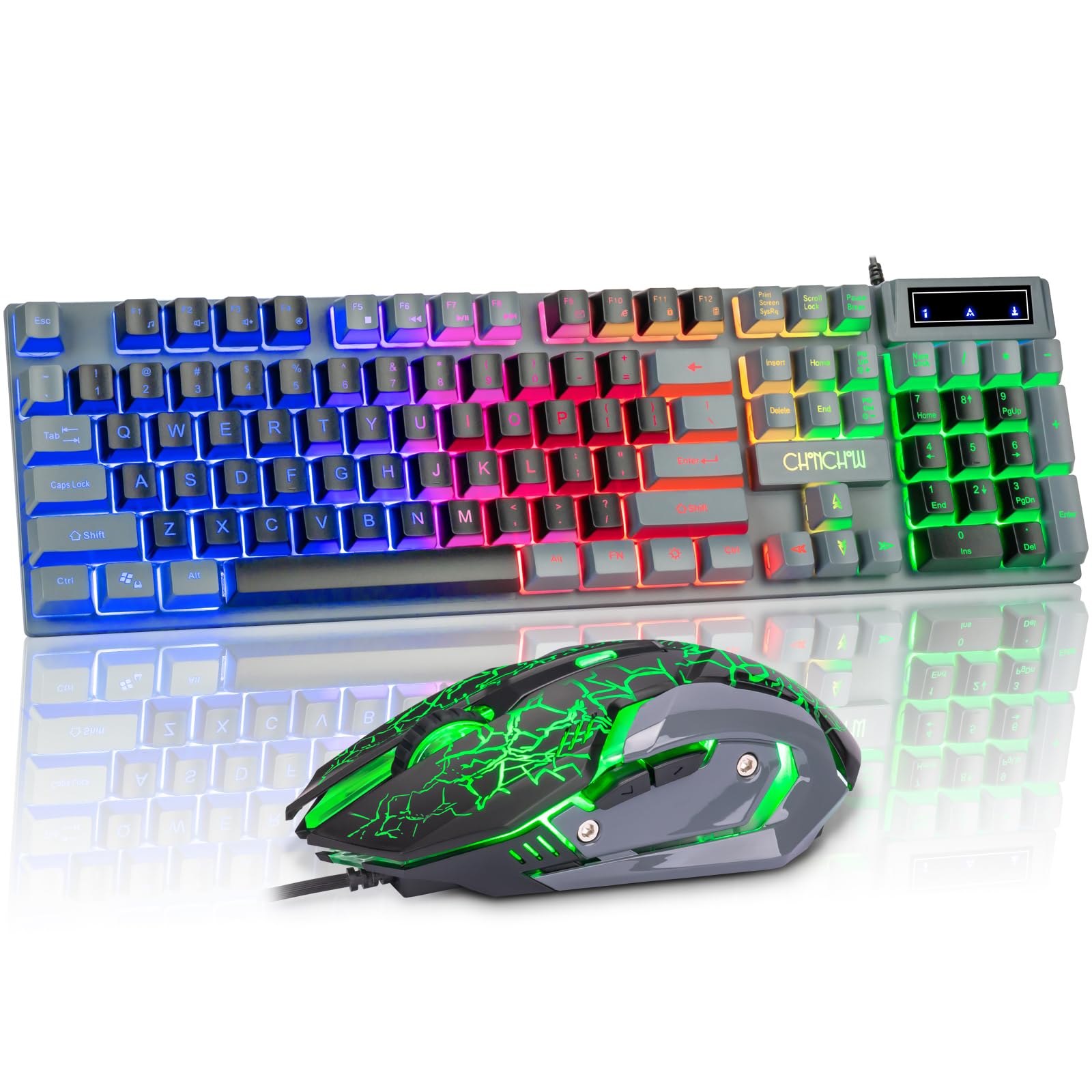 CHONCHOW RGB Backlit Gaming Keyboard and Mouse Combo - 104 Key Mechanical Feel Wired Keyboard with 3600 DPI Ergonomic Mouse for PC, Mac, Xbox - Ideal for FPS, MMO Games, Office Work & Streaming (Black & Grey) - Perfect for Esports, Home Office, Late Night Gaming, Professional Workstations & Online Classes