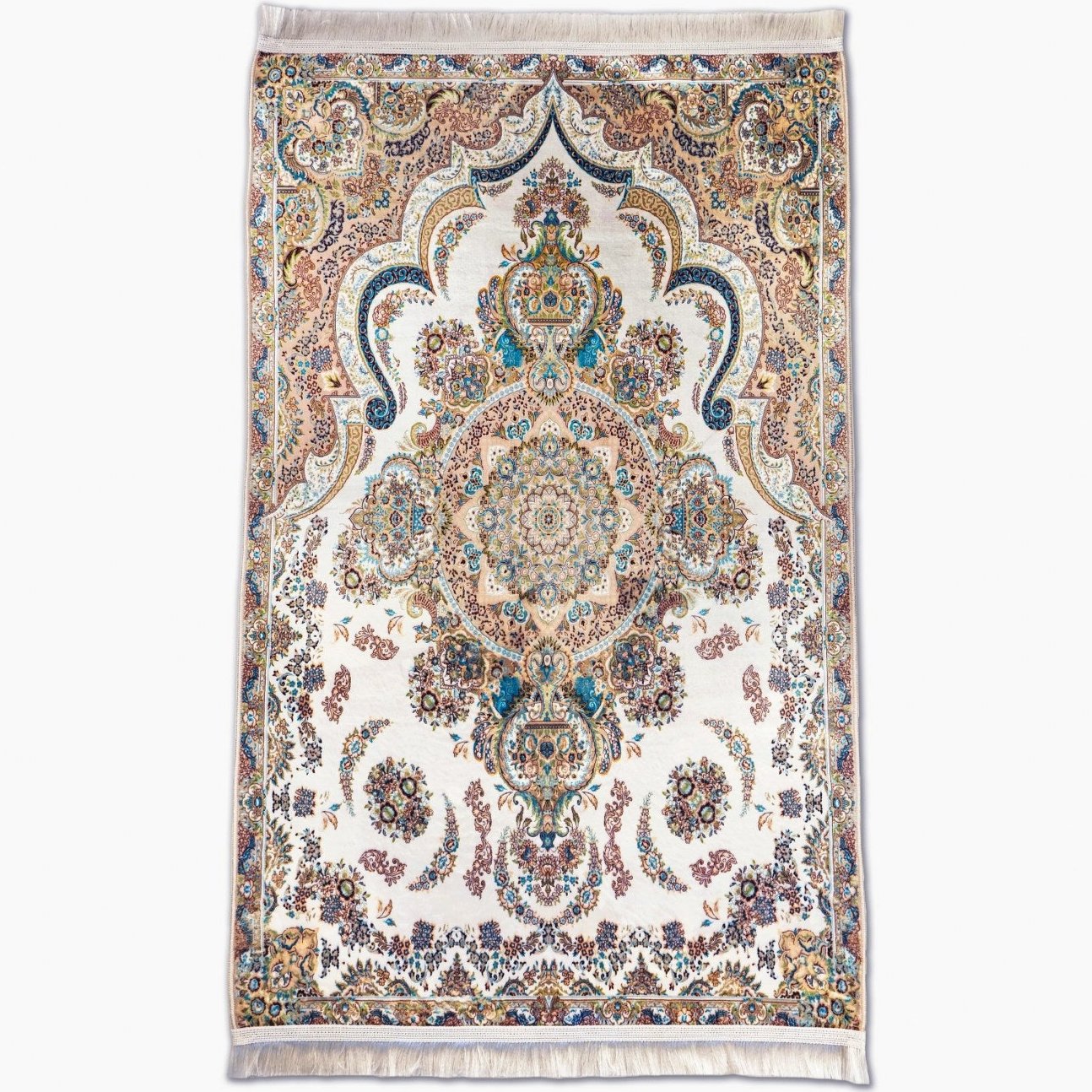 Premium Ivory & Blue Floral Prayer Rug - Islamic Prayer Mat with Non-Slip Backing - Perfect for Home, Mosque & Travel Prayer Needs