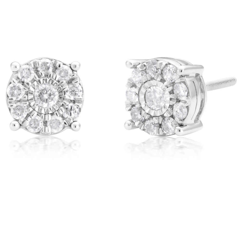 9ct White Gold 1/2 Carat Diamond Cluster Stud Earrings for Women - Elegant Wedding, Anniversary & Party Jewelry Gift