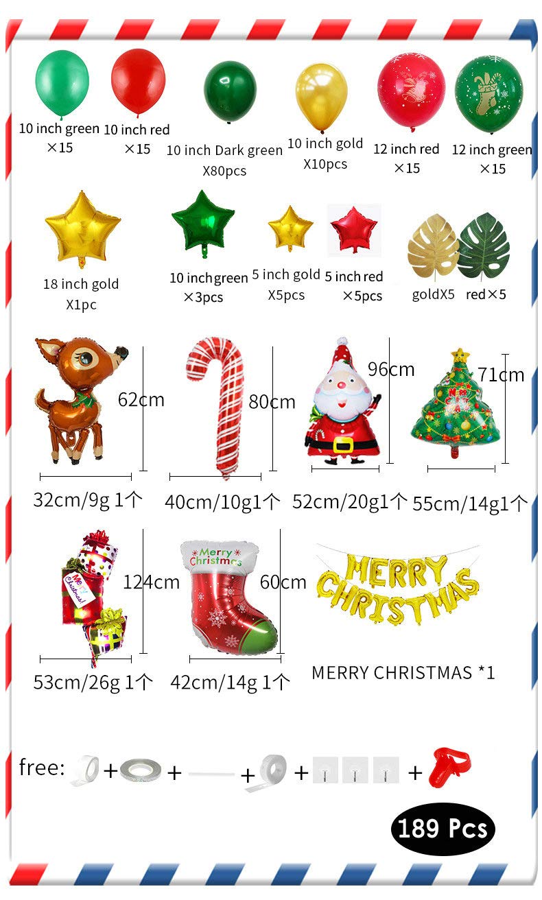 189-Piece Christmas Balloon Garland Arch Kit with Red & White Candy Balloons, Gift Box Balloons, Red Star, Tree, Reindeer, Santa Claus & Boots Foil Balloons – Perfect for Christmas Party, Home, and Office Decorations