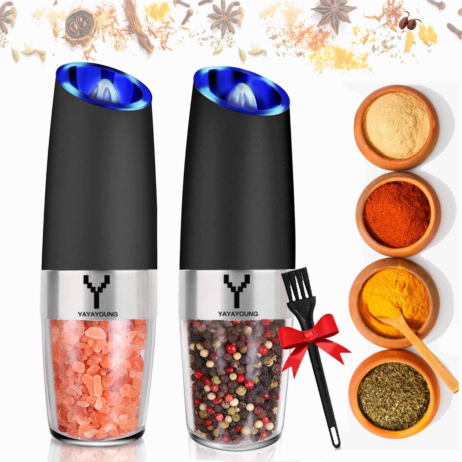 Premium Electric Gravity Pepper Grinder Set of 2 - Adjustable Coarseness, Automatic Salt & Pepper Mill with Blue LED Light - Refillable Spice Shakers for Kitchen, Dining Table & Gourmet Cooking
