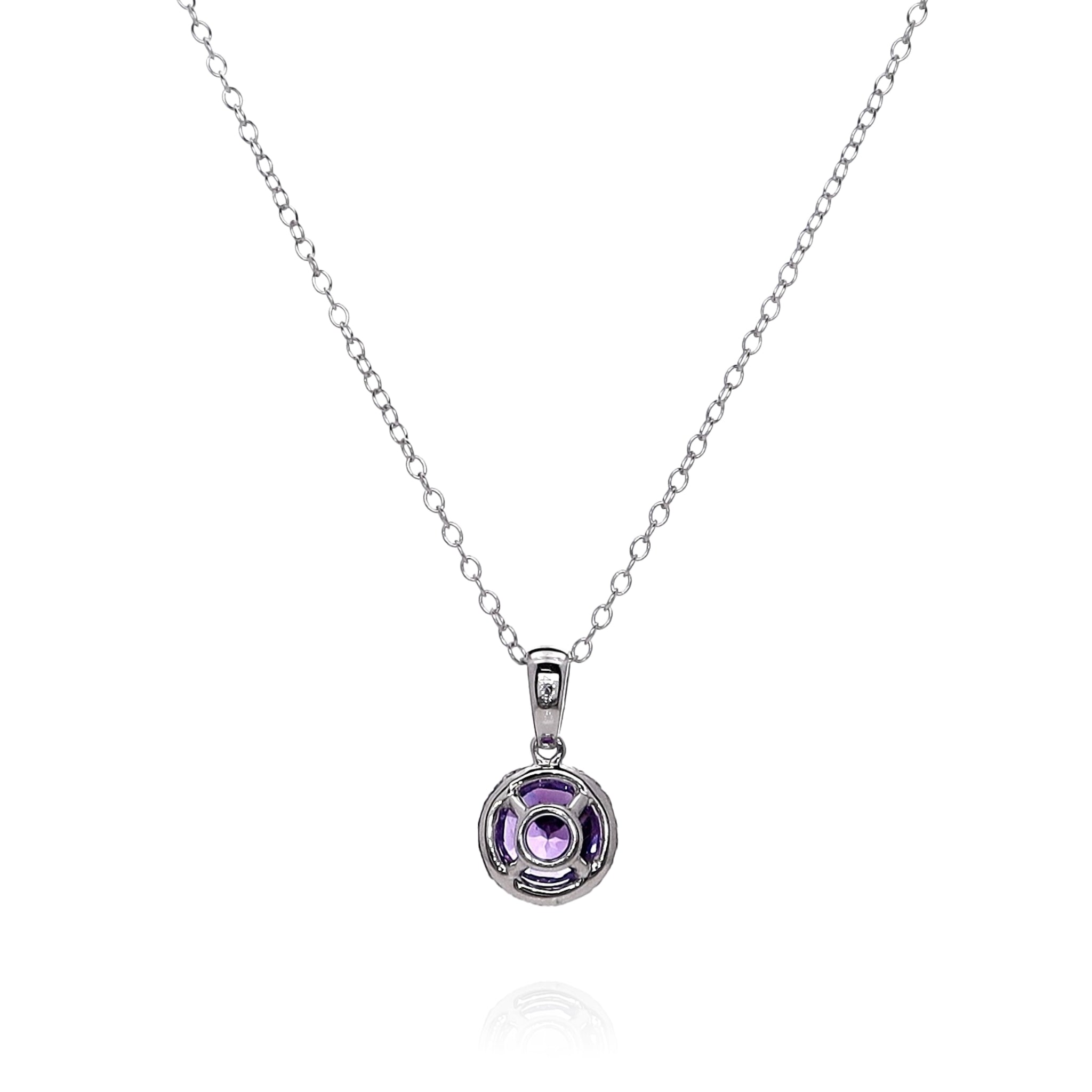 14K White Gold Round Amethyst and Diamond Halo Pendant Necklace for Women | Elegant Purple Gemstone Jewelry Gift for Birthday, Anniversary & Valentine's Day