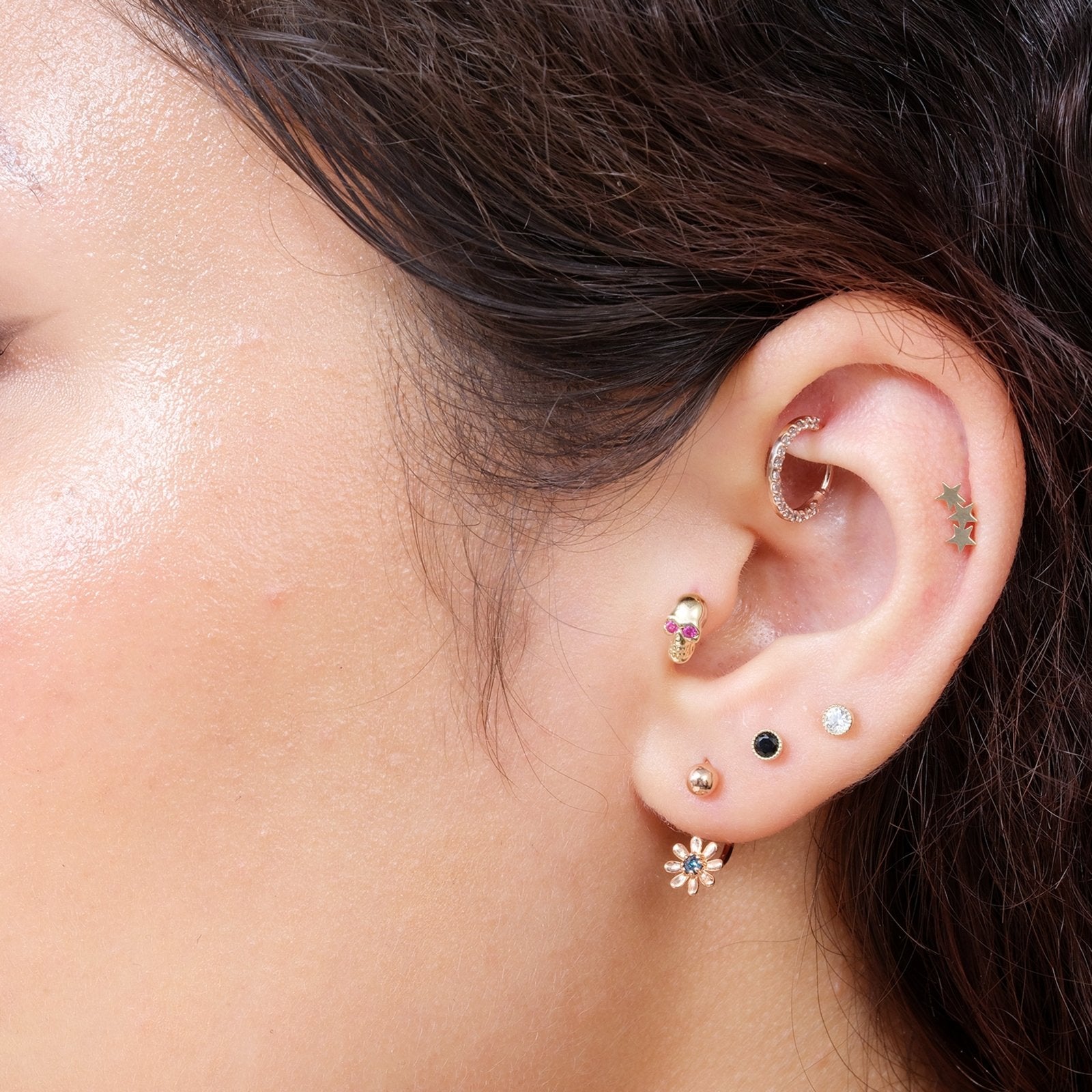 14k Rose Gold Reversible Huggie Hoop Earrings - Blue Diamond Flower & Ball Design | Perfect for Everyday Wear, Date Nights & Special Occasions