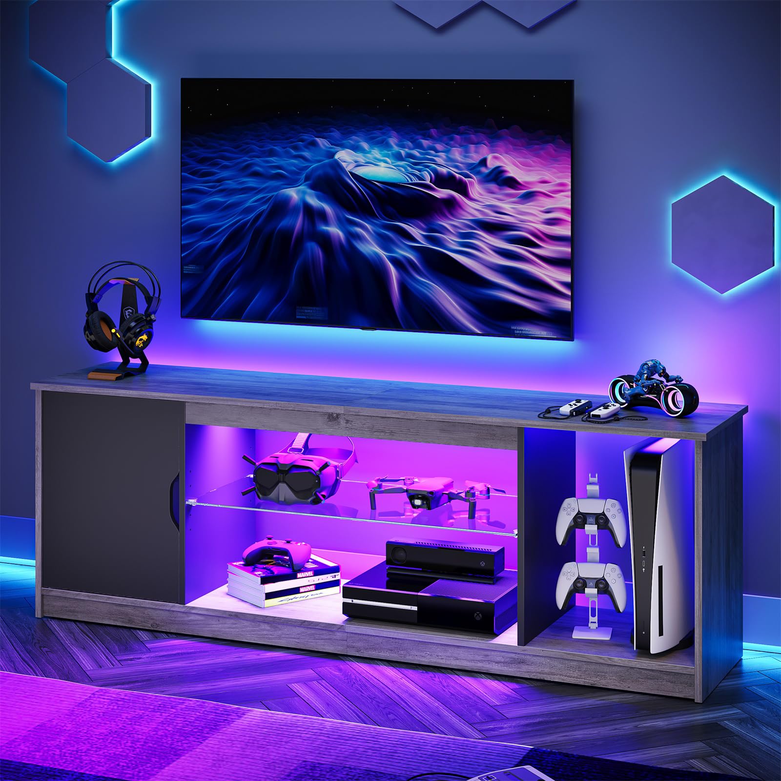 Bestier 57 Inch LED TV Stand for 55/60/65 Inch TVs - Modern Entertainment Center with Storage Cabinet for PS5, Xbox & Media Devices - Adjustable Glass Shelves - Grey Wash Finish - Perfect for Living Room & Bedroom Gaming Setup