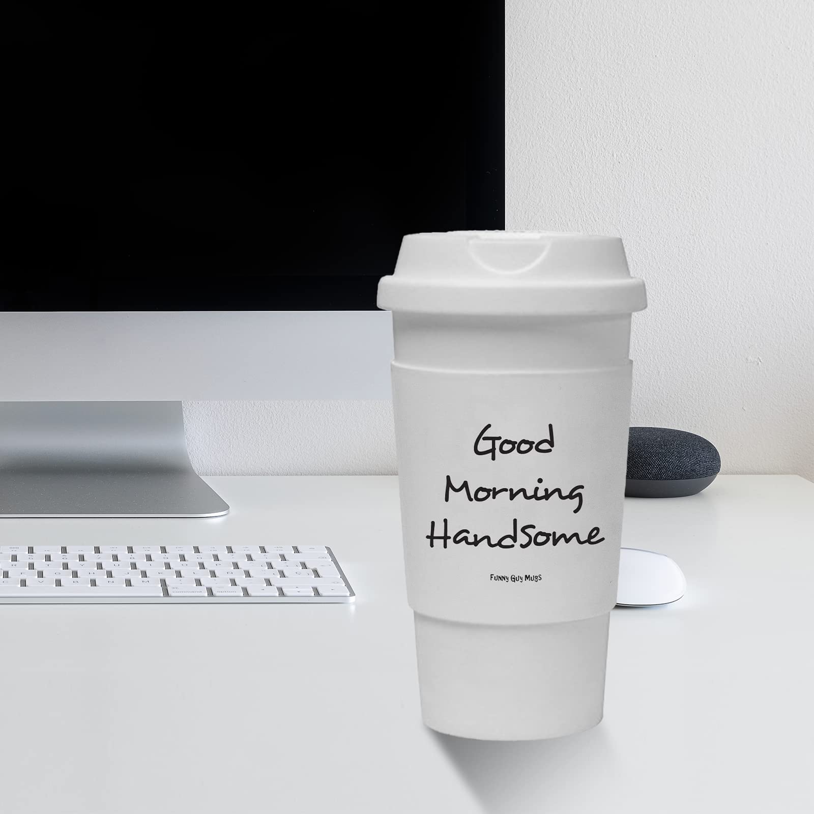 Funny Guy Mugs Good Morning Handsome Travel Tumbler - 16oz Insulated Stainless Steel Cup with Removable Silicone Sleeve, Leakproof Lid - Perfect for Coffee, Tea & Cold Drinks at Work, Gym or Travel (White)