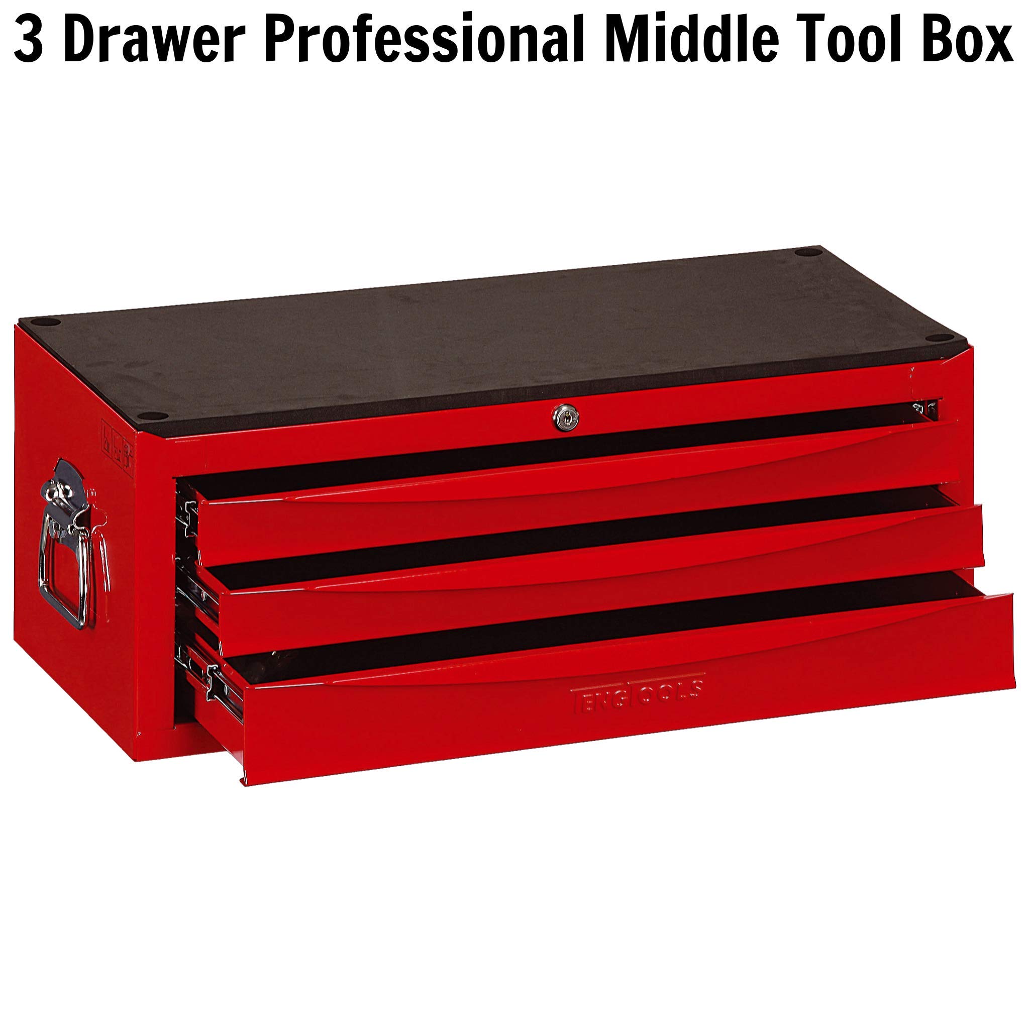 Teng Tools TC803USV 3-Drawer Professional Portable Steel Lockable Red Tool Box - Heavy Duty Tool Storage for Mechanics, DIY & Home Improvement | Workshop, Garage & Job Site Use