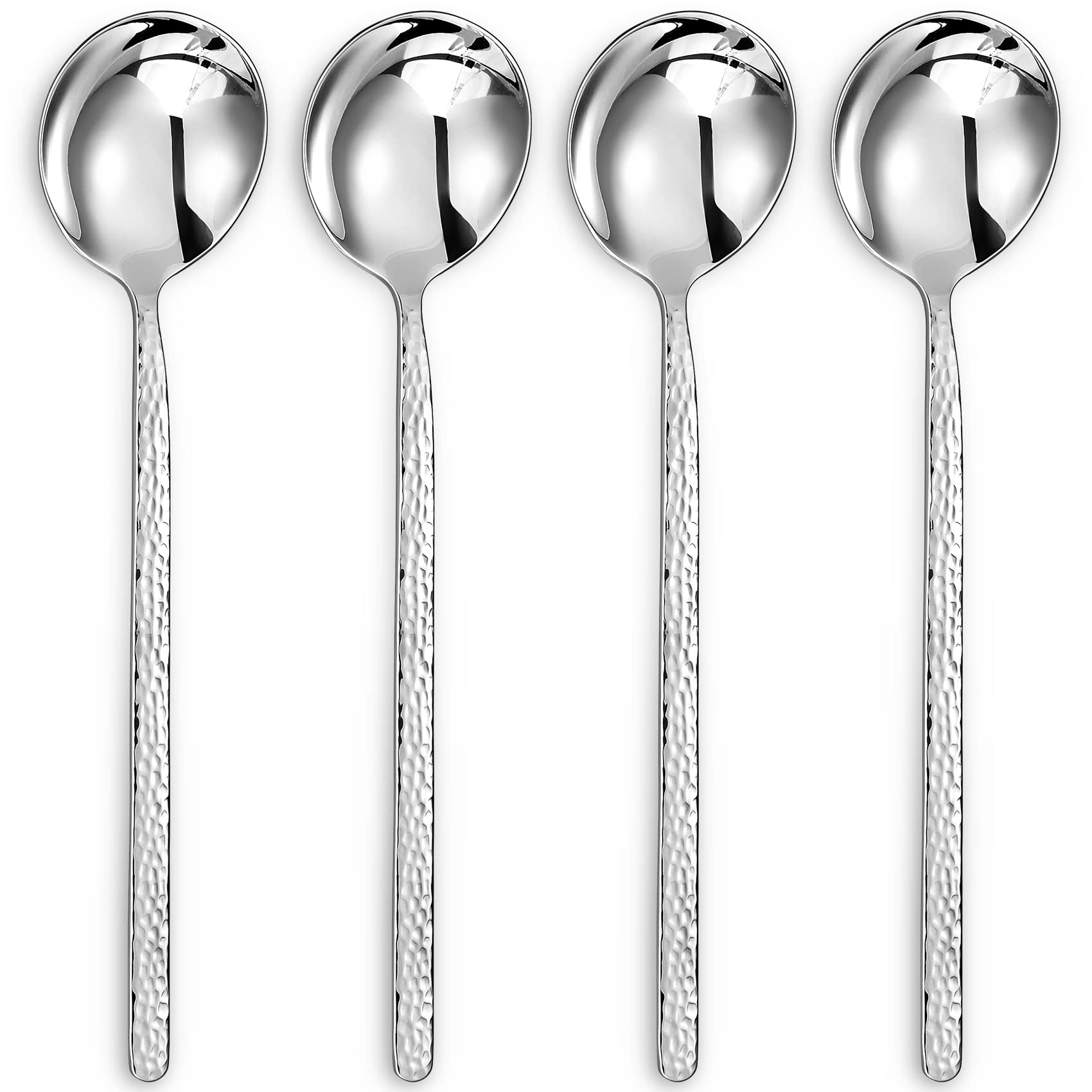 KEAWELL Premium Korean Soup Spoons Set of 4 - 18/10 Stainless Steel Long Handle Spoons - Dishwasher Safe Hammered Design - Perfect for Asian Cuisine, Ramen, Pho & Hot Pot Dining