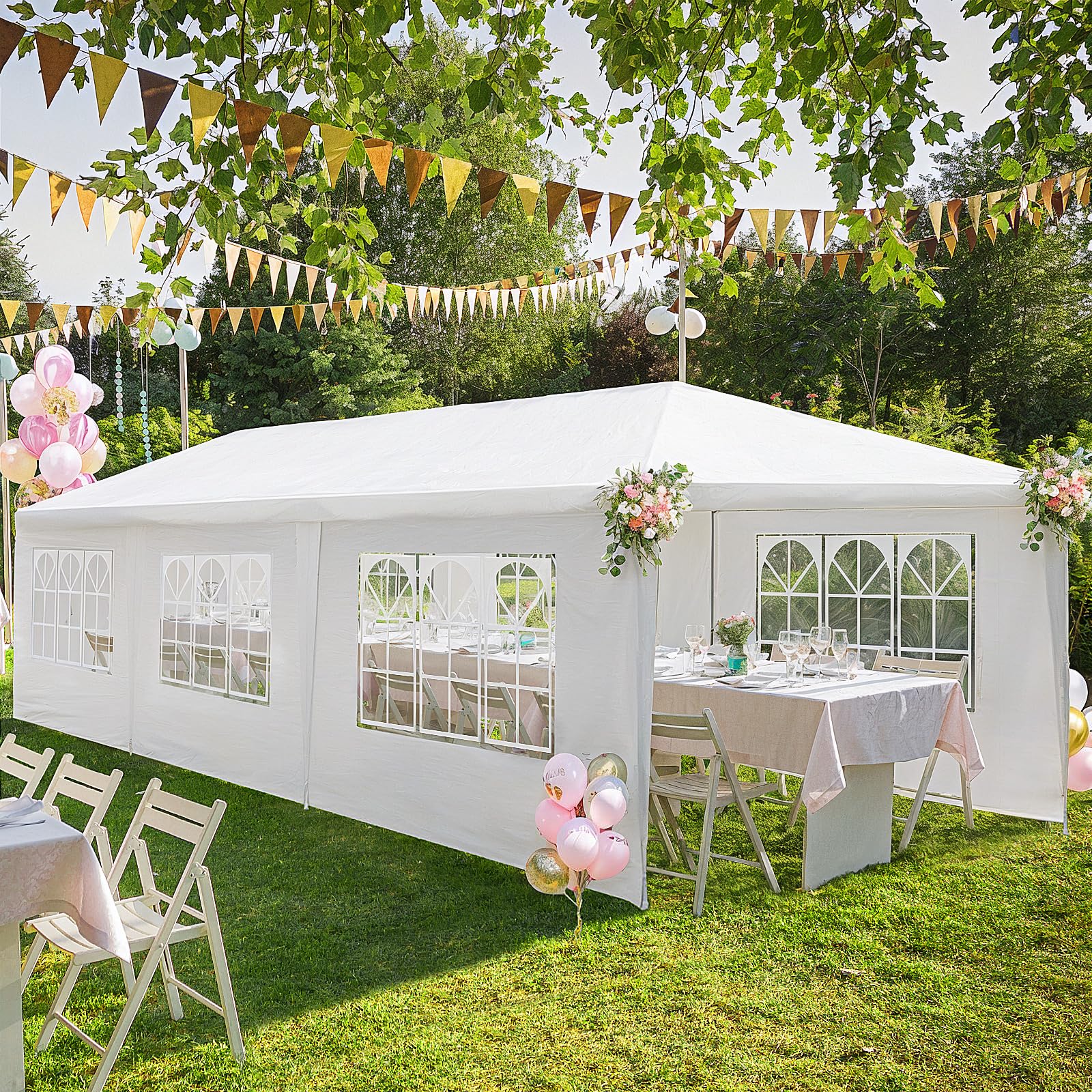 10'x30' Heavy Duty Outdoor Party Tent with 8 Removable Sidewalls & 2 Zippered Windows - Waterproof Canopy for Weddings, Backyard Events, Festivals, and Camping - White Commercial Shelter for Outdoor Gatherings