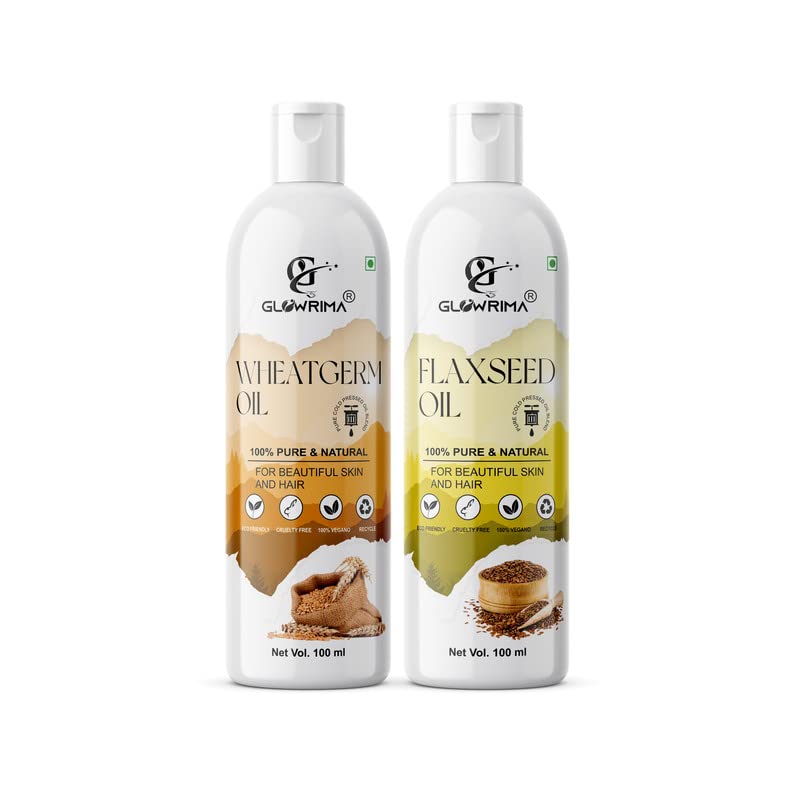 Glowrima 100% Pure Wheat Germ Oil & Flaxseed Oil Combo (100ML Each) - Promotes Rapid Hair Growth, Reduces Hair Fall & Split Ends for Softer, Shinier Hair - Pack of 2 - Perfect for Daily Hair Care & Scalp Treatment