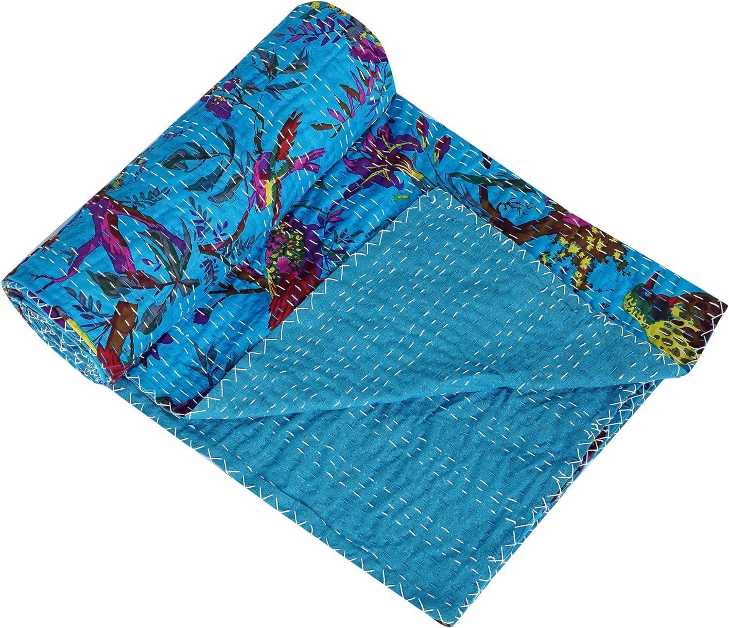Handmade Cotton Kantha Quilt - Indian Bedspread & Throw Blanket with Bird Print, Reversible Design (Twin Size 60x90 Inches, Turquoise) - Perfect for Bedroom Decor, Sofa Cover, and Cozy Home Use
