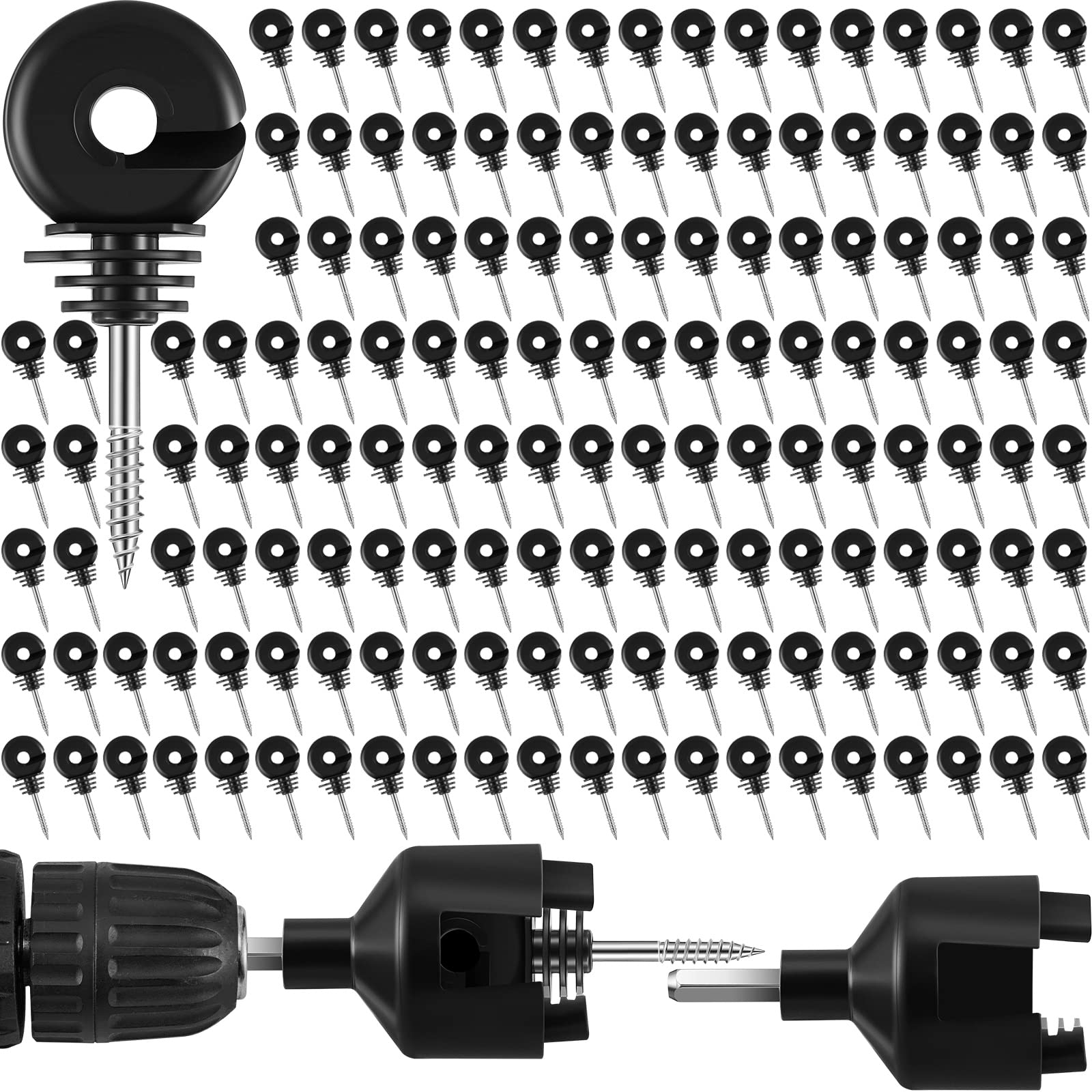 200 Pcs Black Electric Fence Insulators with Socket Tool - Screw-in Ring for Wood/Post Fencing - Durable Animal Containment Solution for Farms, Ranches & Livestock Protection