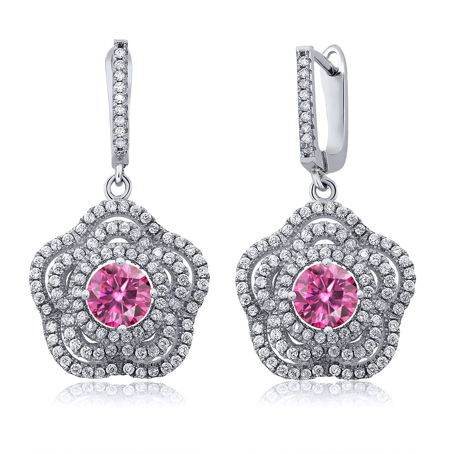 Gem Stone King 925 Sterling Silver Dangle Earrings with Round Pink Created Moissanite (4.24 Cttw) - Elegant Jewelry for Women, Perfect for Parties, Weddings & Special Occasions