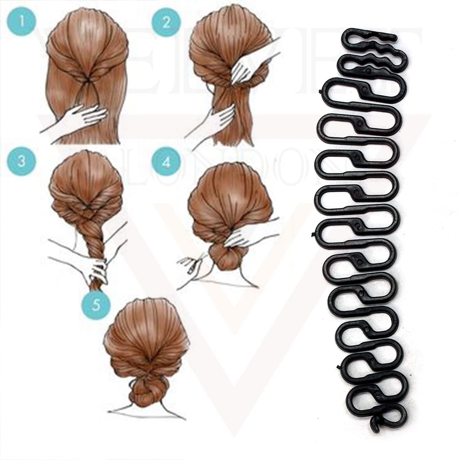Velvet London 3-Piece Hair Bun Maker Set - French Twist Hair Styling Tools with Braiding Stick & Clips for Women & Girls (Black) - Perfect for Updos, Braids & Everyday Hairstyles