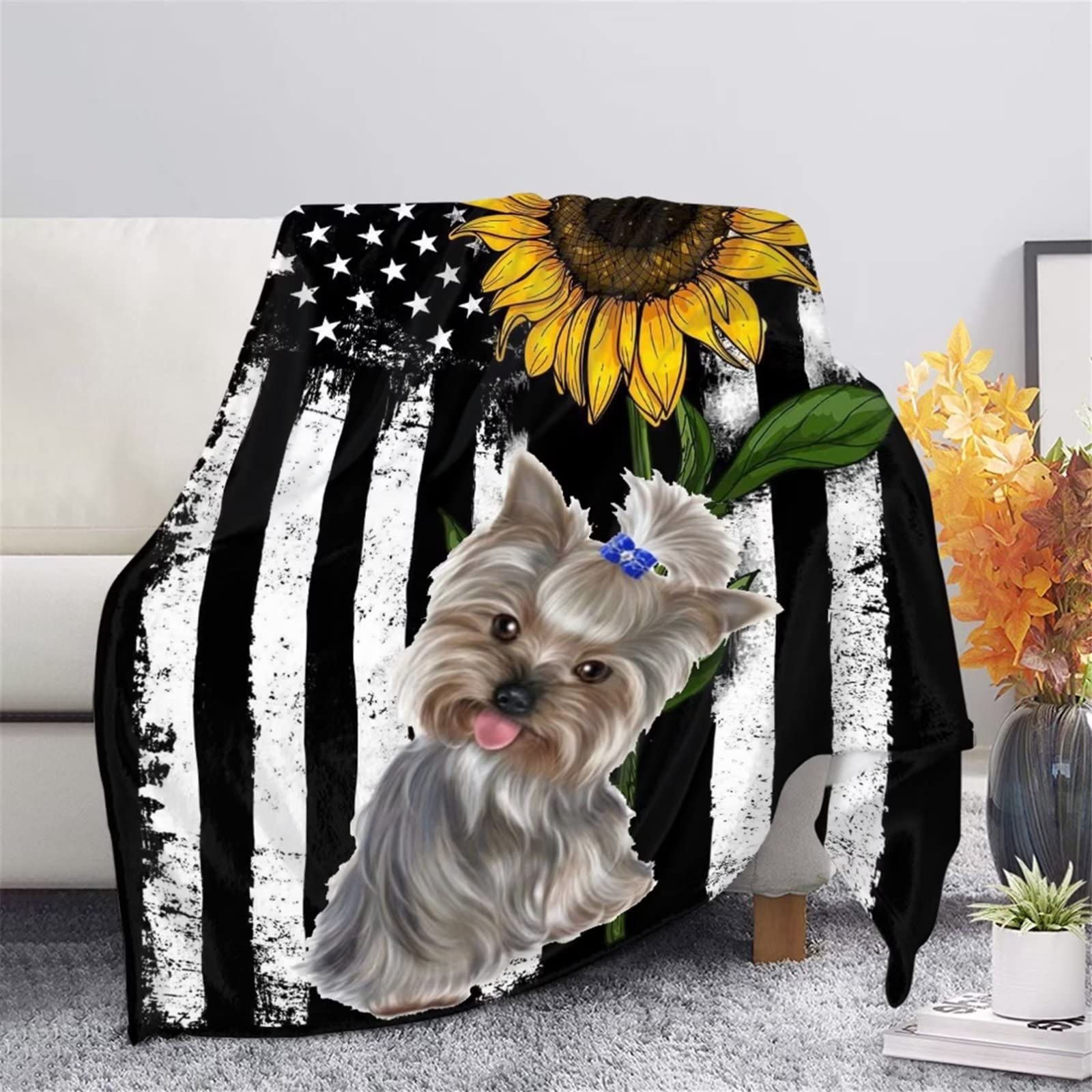 American Flag Sunflower Yorkie Terrier Fleece Blanket - Soft Warm Cozy Throw for Couch, Sofa & Bed - Perfect for Christmas Gifts, Birthday Presents & Home Decor (50x60 Inches)