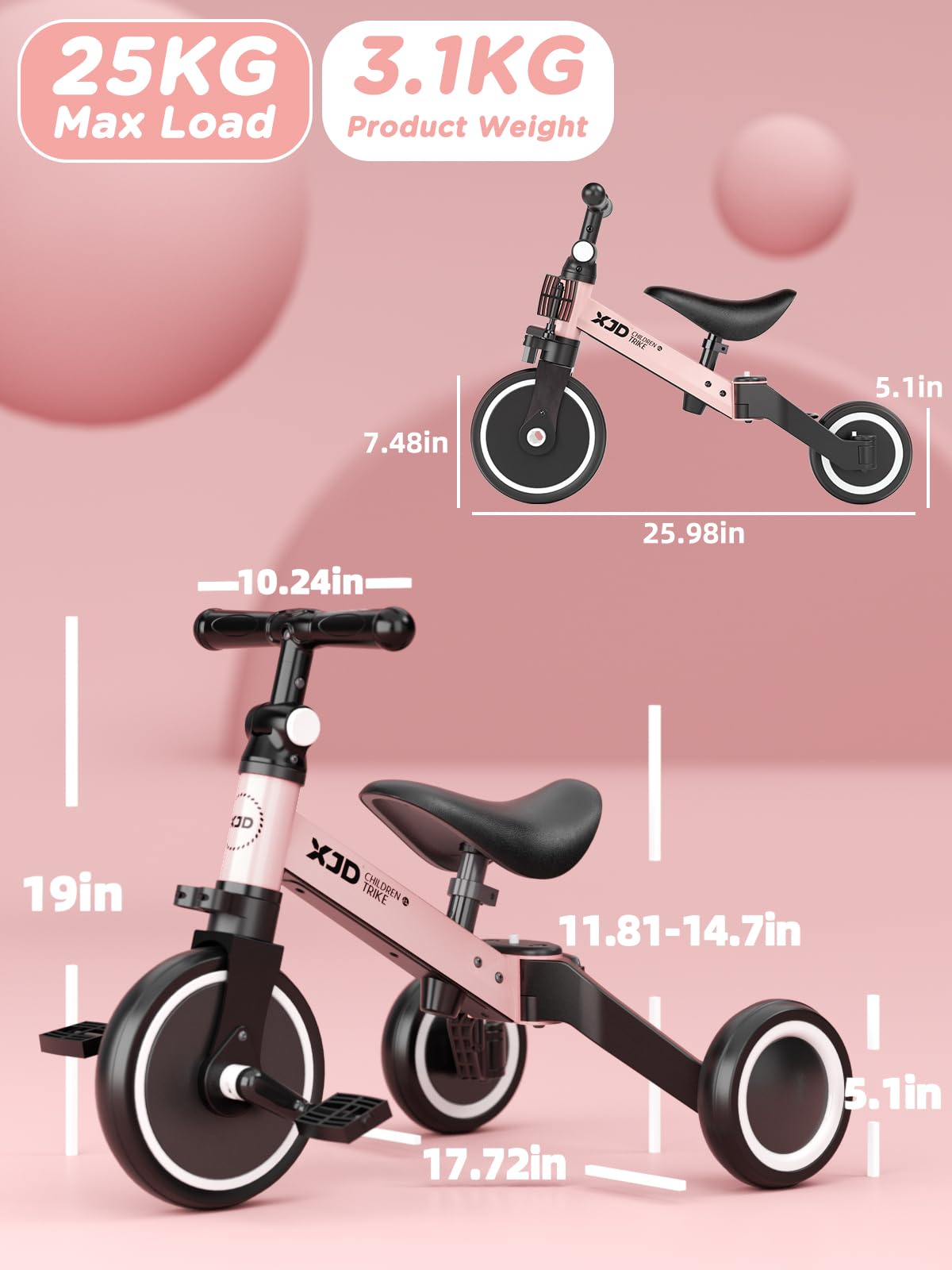 **XJD 5-in-1 Adjustable Kids Tricycle for Toddlers 12 Months to 4 Years – Convertible Baby Bike with Removable Pedals & Seat – Perfect for Indoor Play, Outdoor Rides & Learning Balance**