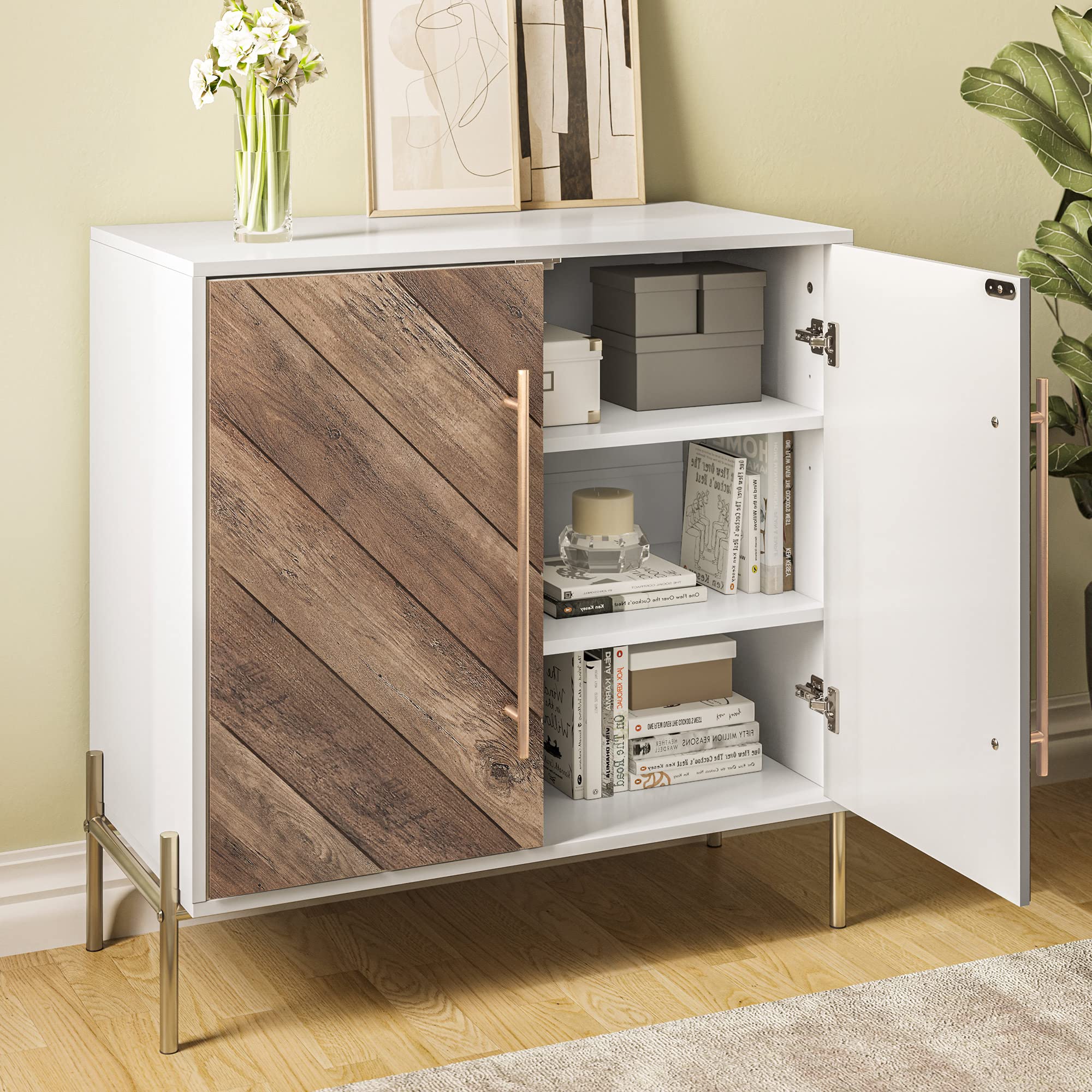 BELLEZE 32 Inch Rustic Oak Sideboard Buffet Cabinet - Large Storage Accent Cabinet with Console Table, Coffee Bar Table for Living Room, Kitchen or Entryway - Perfect for Home Organization & Entertaining Guests