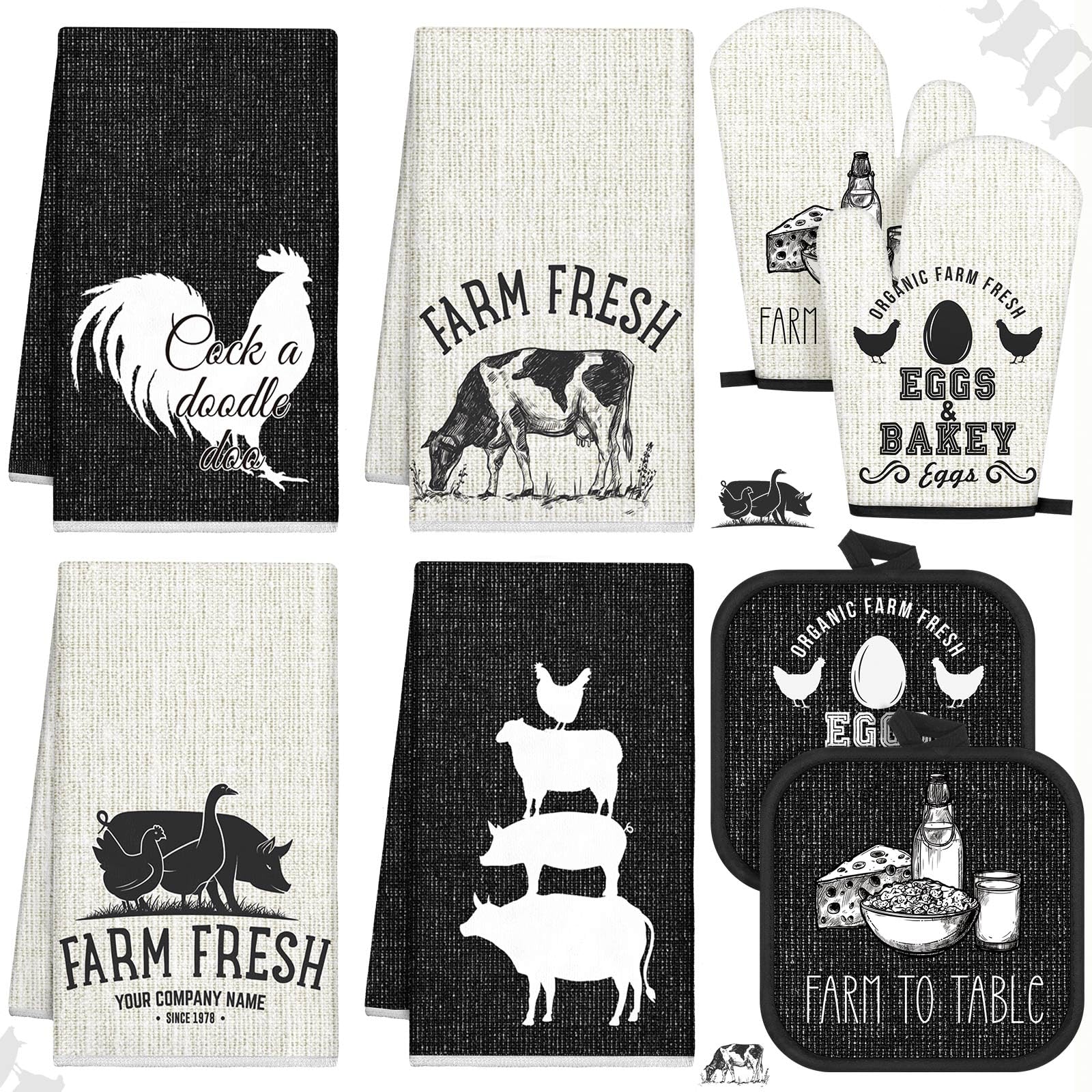 8-Piece Farm Animal Themed Kitchen Towel Set - 4 Farmhouse Dish Towels, 2 Rustic Square Potholders & 2 Heat-Resistant Oven Mitts for Cooking, Baking & Home Decor - Perfect for Farmhouse Kitchens, Housewarming Gifts & Country Style Homes