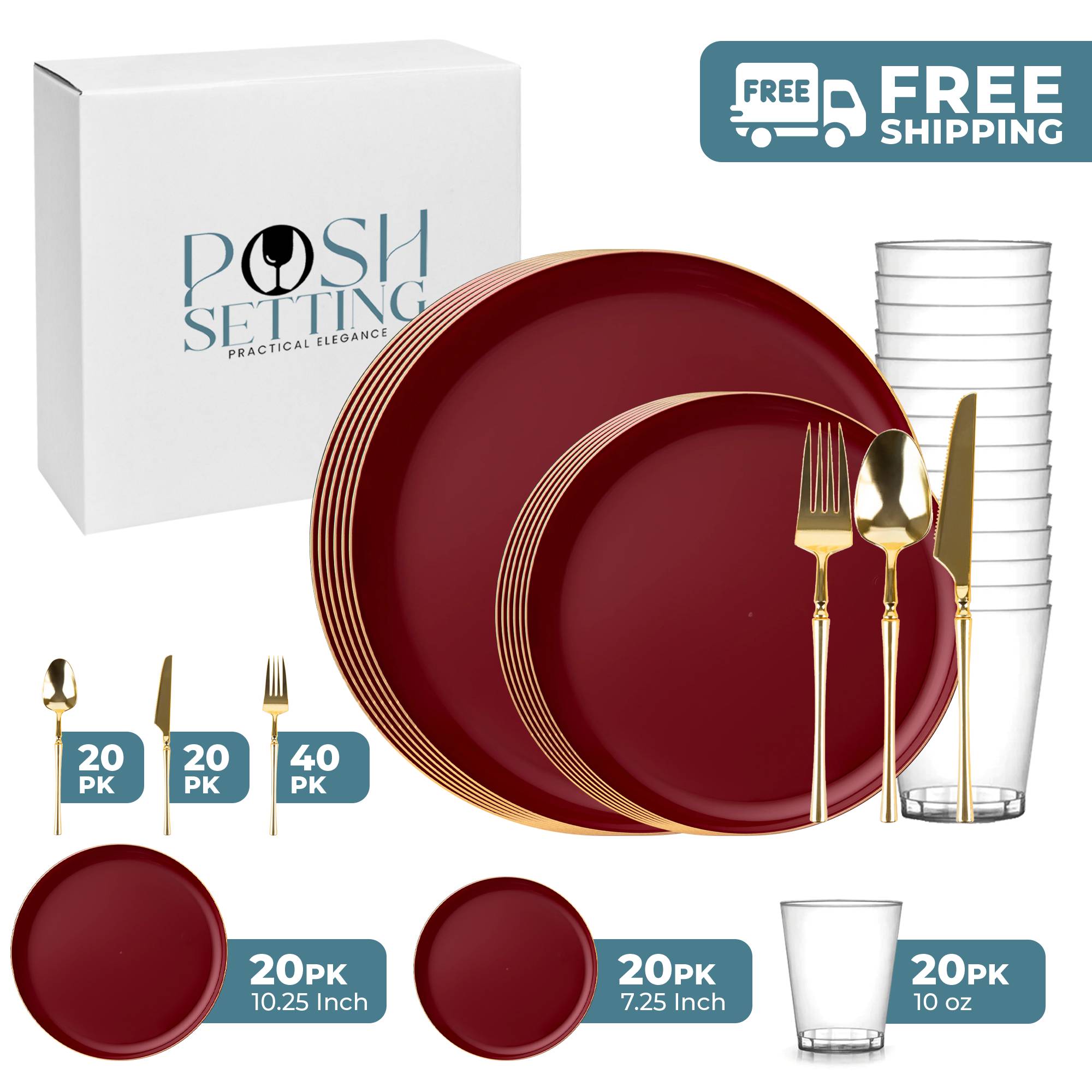 Premium Cranberry & Gold Plastic Party Bundle - Elegant Disposable Tableware Set for Weddings, Birthdays & Special Events