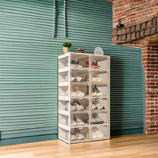 Foldable Shoe Rack Organizer - 6-Tier Stackable Plastic Shoe Storage Cabinet with Magnetic Clear Doors, Holds 12 Pairs - Perfect for Entryway, Closet, Living Room & Bedroom Organization - Space-Saving Solution for Sneakers, Boots & Heels