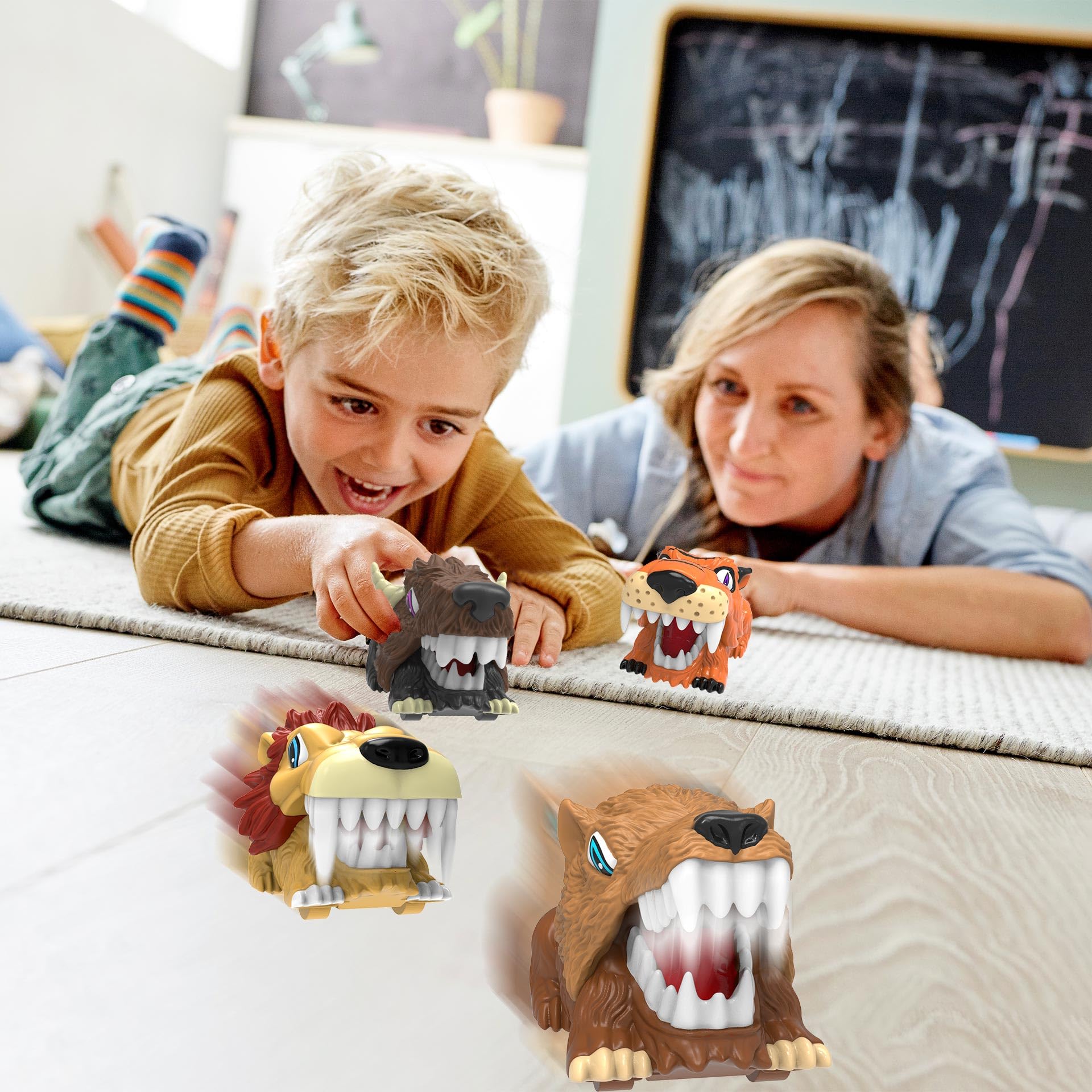 **Monster Trucks & Jungle Animal Race Car Toys Set - 4 Pack Push and Go Pull Back Vehicles for Kids Ages 3-7 - Perfect for Boys & Girls Birthday Gifts, Indoor Play, and Toddler Racing Games**