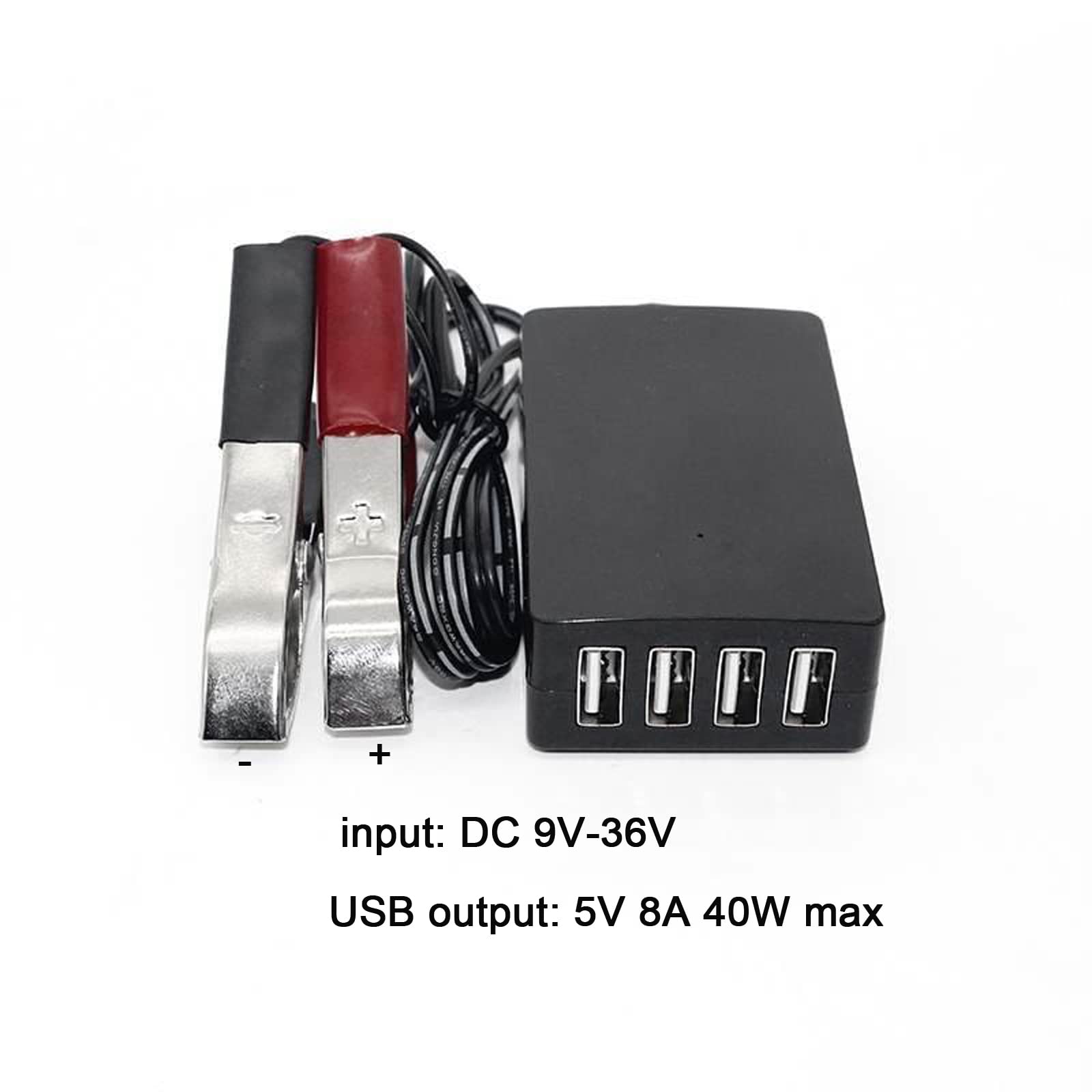 12V 24V to 5V 8A USB Power Converter with Battery Clip - Car Charger Adapter for Phones, Tablets & Devices | Ideal for Road Trips, Camping & Emergency Power Supply