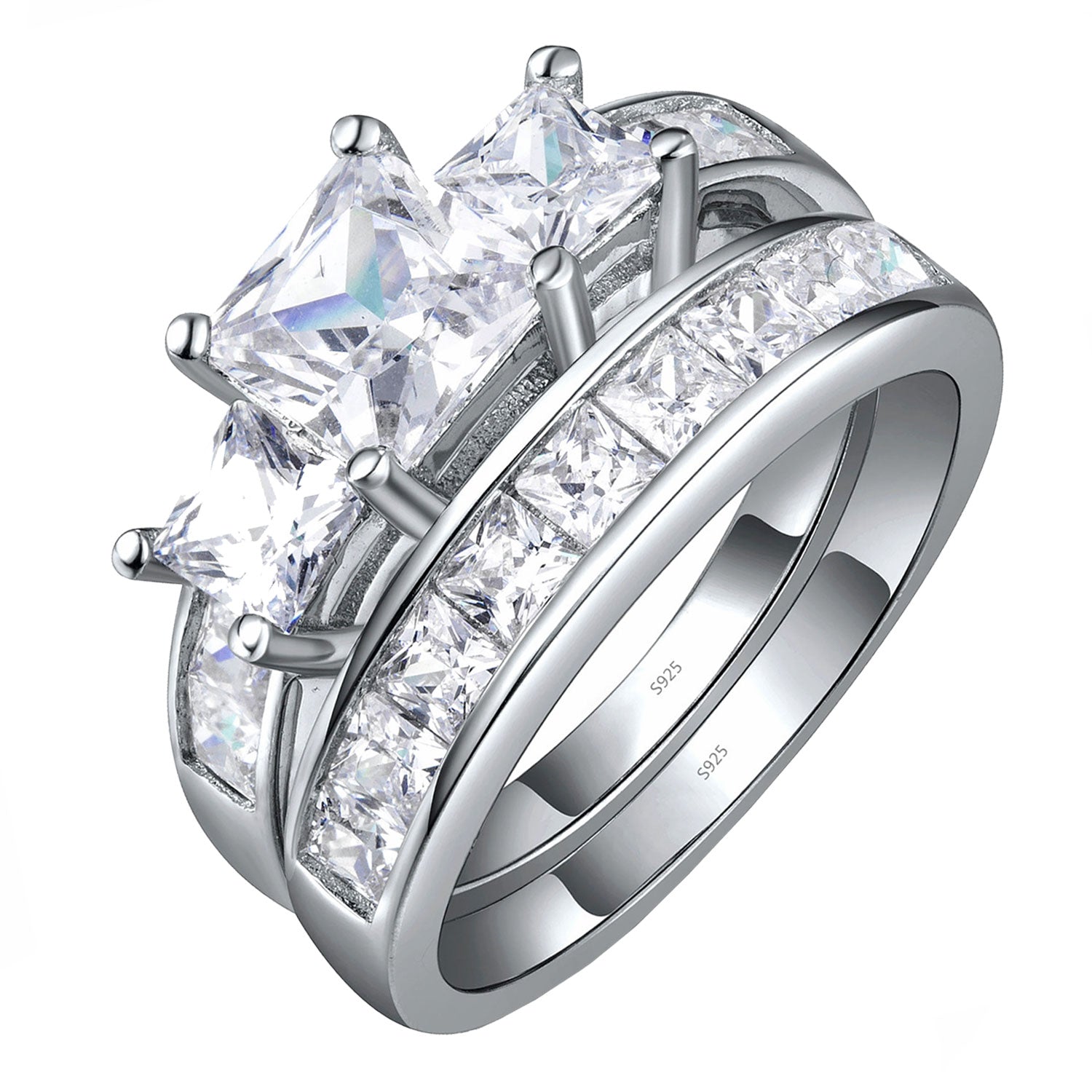 Princess Cut CZ Sterling Silver Three Stone Wedding Engagement Ring Set for Women - Elegant Bridal Jewelry Gift for Anniversary, Proposal & Special Occasions