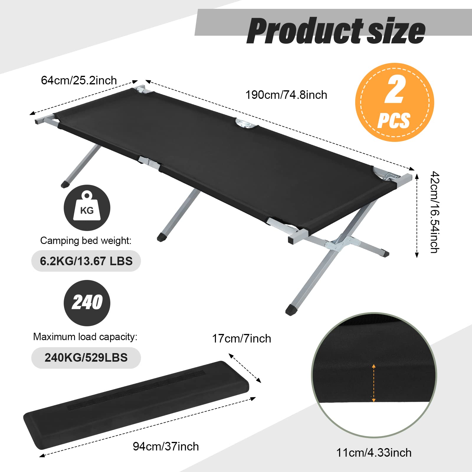 Geetery 2-Pack Portable Folding Camping Cot with Carry Bag - Heavy Duty 529 lbs Capacity Twin Size Military Cot for Outdoor Sleeping, Travel & Camping (Black) - Perfect for Backpacking, Hiking & Emergency Preparedness