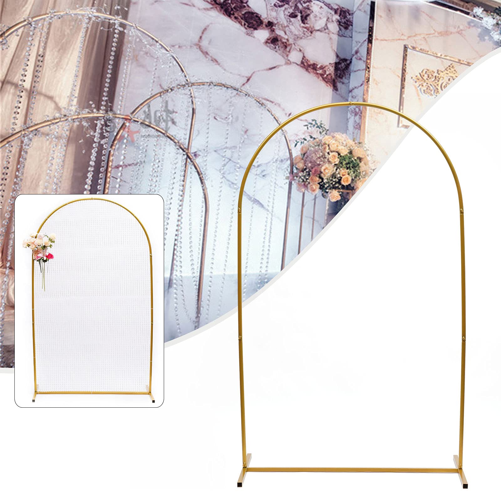 2M Gold Arch Wedding Backdrop Stand Set - Wrought Iron Grid Mesh Arch Frame for Wedding, Party, Mall & Garden Decor - Flower Plant Stand for Indoor/Outdoor Events