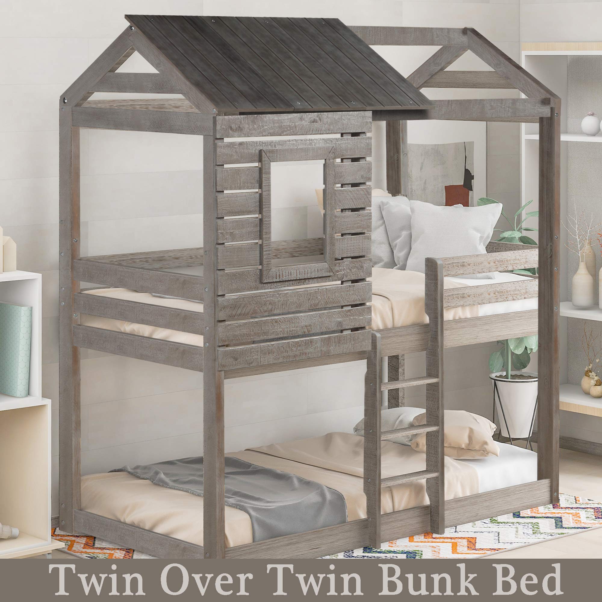 Twin Over Twin Wooden Bunk Bed with Roof, Window & Safety Guardrail - Sturdy Loft Bed for Kids, Teens, Boys & Girls - Perfect for Small Bedrooms, Guest Rooms & Dormitories (Brown)