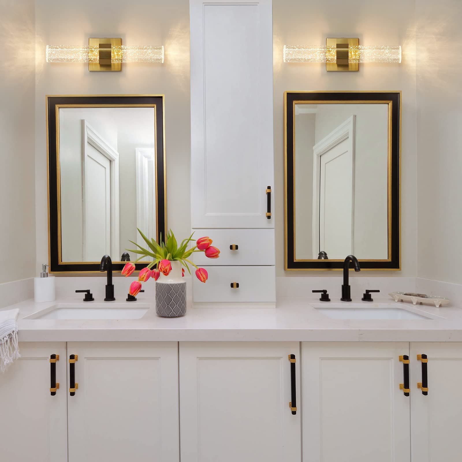 Gold Wall Sconces Set of 2 - 14W Dimmable LED Crystal Bathroom Light Fixtures with Bubble Glass (15.7 Inch) - Indoor Vanity Lighting for Bathroom, Hallway & Bedroom (2 Pack) | Perfect for Modern Home Décor & Ambient Lighting