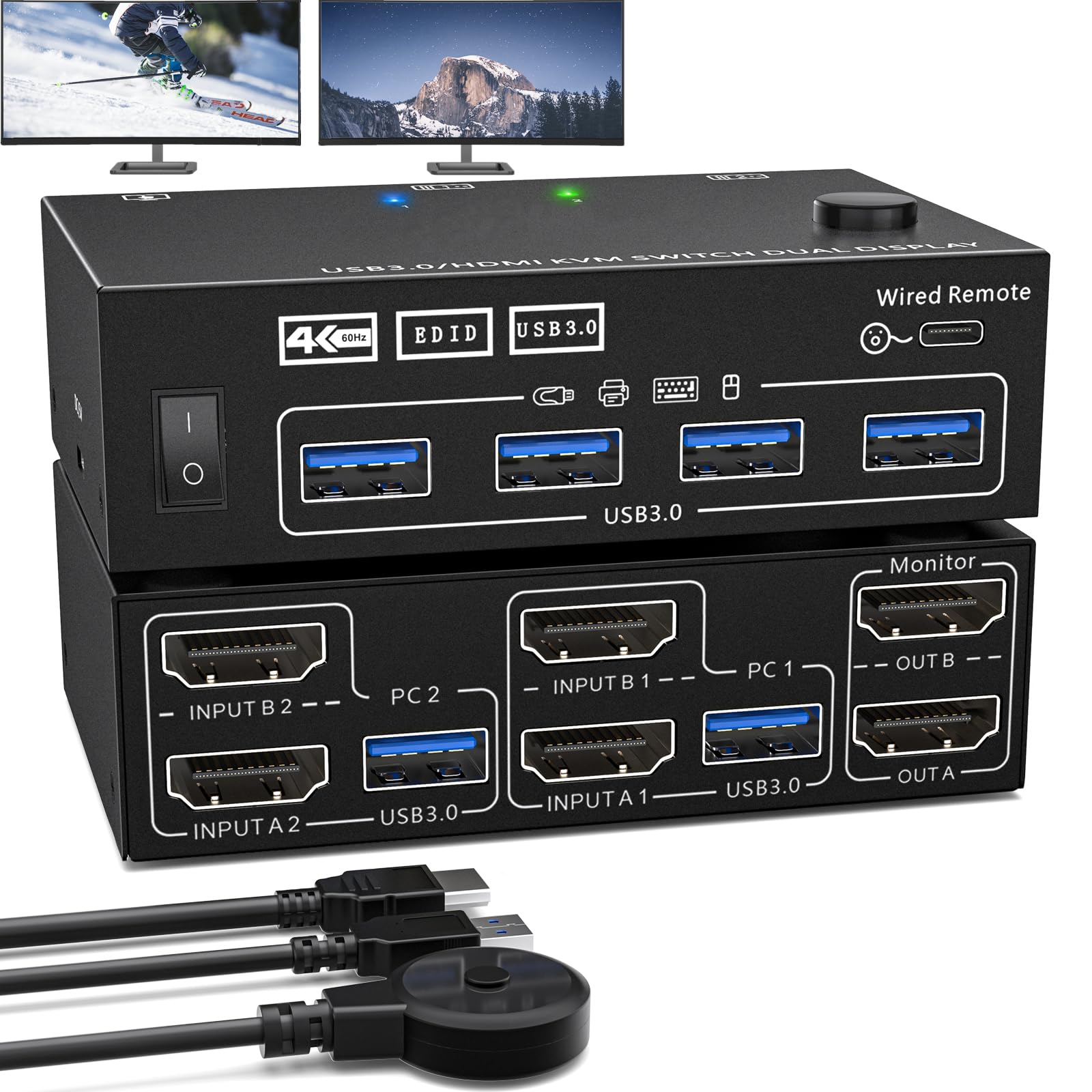 Glanhbnol 2-Port USB 3.0 KVM Switch - 2 Channel Metal KVM Switcher for Keyboard & Mouse Sharing with Seamless Performance | Ideal for Home Office, Gaming Setup & Multi-Computer Workstations