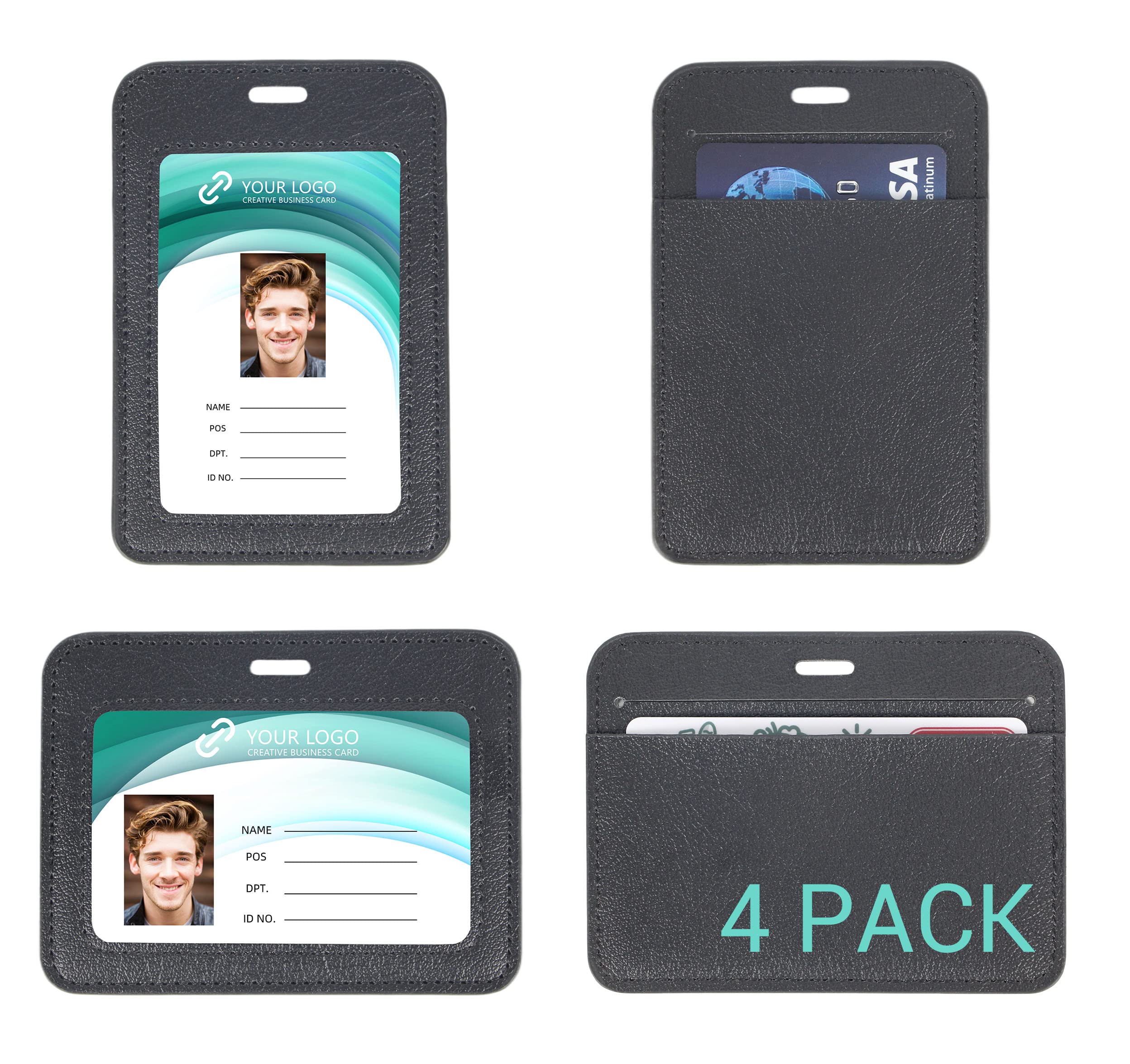 Premium PU Leather ID Badge Holder with Clear ID Window & Credit Card Slot - 4 Pack (2 Vertical & 2 Horizontal) - Perfect for Office, School, Hospital & Security Professionals