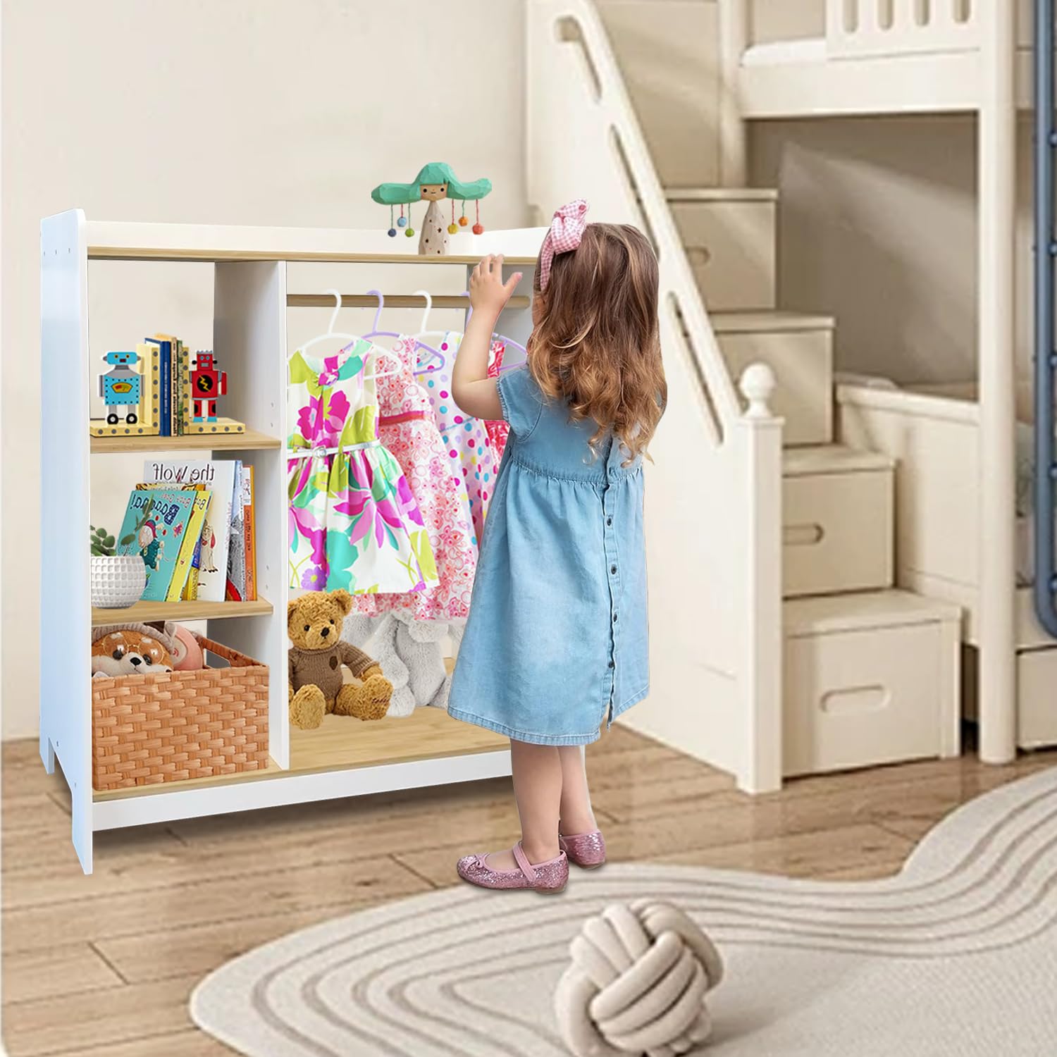 Kids Wardrobe & Dresser Set - White Baby Clothes Organizer with Hanging Armoire & Toddler Dress Up Rack | Nursery Storage Solution for Girls' Bedroom | Space-Saving Kids Closet for Clothes, Toys & Accessories