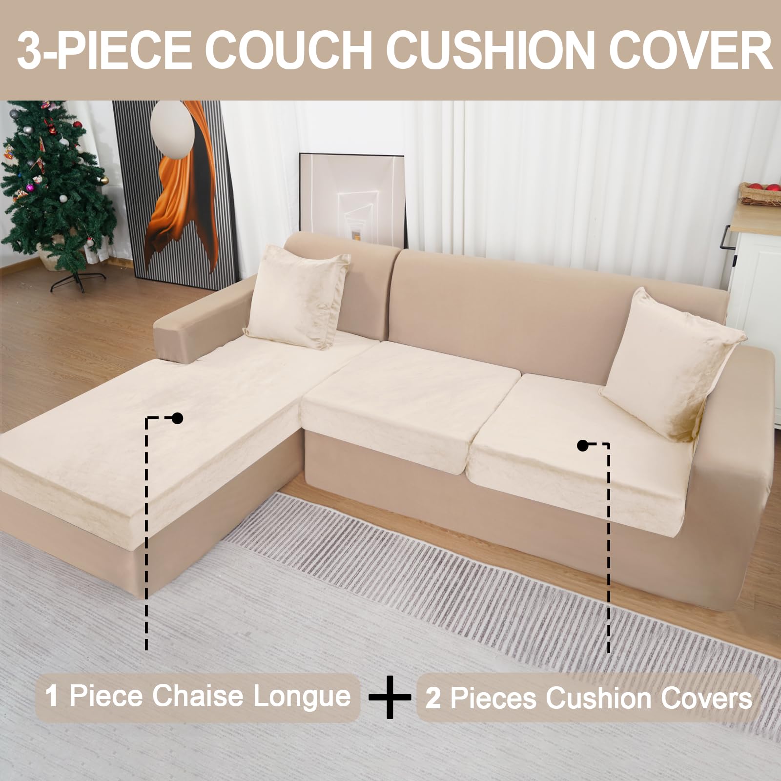 Velvet Stretch Sofa Slipcover for 3-Piece L-Shaped Sectional Couch - Includes 2 Pillowcases & Furniture Protector (Fits 2-Seater + Chaise, Beige) | Perfect for Living Room, Family Room & Home Theater Comfort