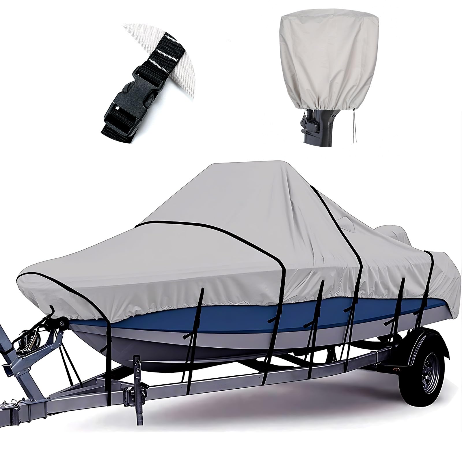 **Tuszom True 900D 100% Waterproof Center Console Boat Cover with Motor Cover – Heavy-Duty Tear-Proof Trailerable Boat Cover for 16' - 18.5' Boats – 13-19 Windproof Straps (Gray, Up to 98