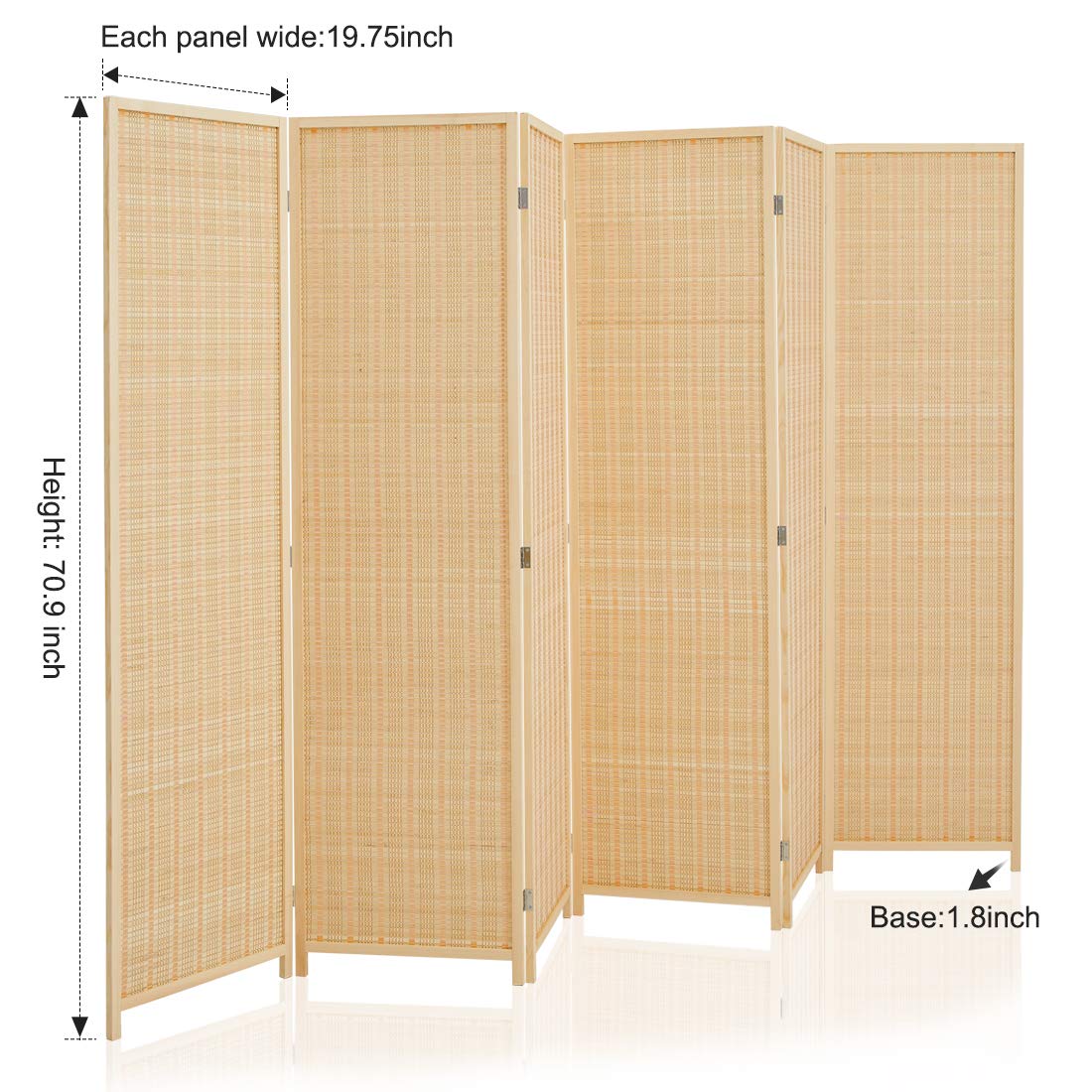 6 Panel Bamboo Room Divider Privacy Screen - Natural Freestanding Folding Partition for Home Office, Bedroom & Living Room - Beige