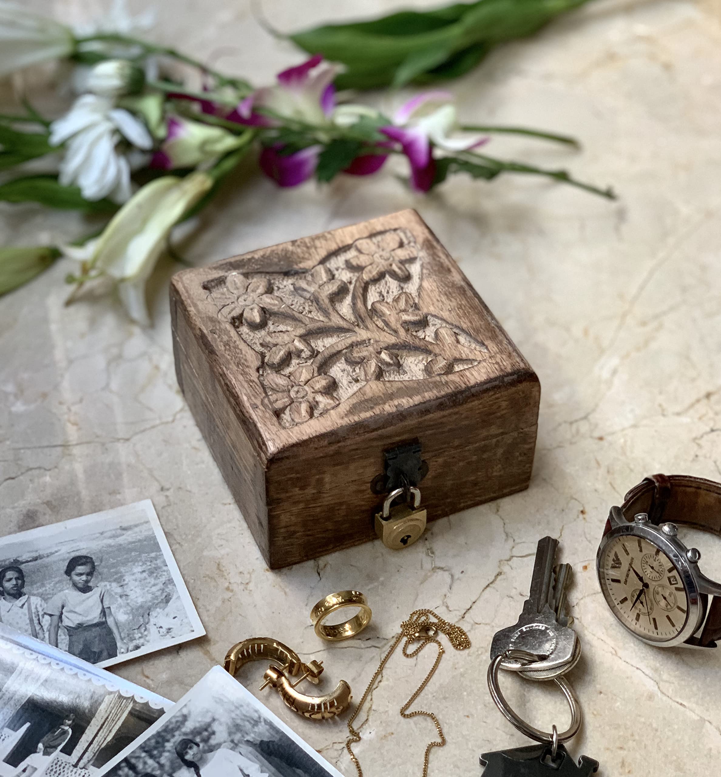 Handmade Decorative Wooden Jewelry Box - 4 x 4 Inch Treasure Chest for Necklaces, Rings & Watches | Perfect Birthday Gift & Jewelry Organizer | Keepsake Box for Home Decor, Wedding Favors & Travel Storage