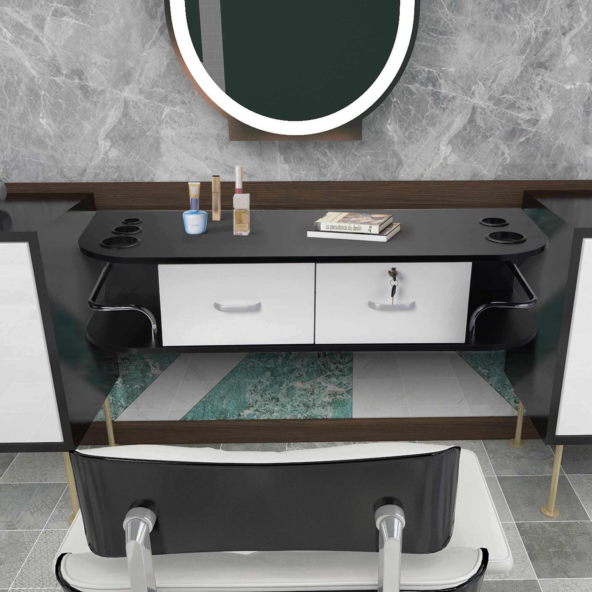 Wall Mounted Beauty Station with 2 Drawers & 5 Tool Holders - Bathroom Vanity Organizer for Salon & Home Use - Black and White Makeup Dressing Table with Side Cubby - Perfect for Small Spaces, Salons & Bedrooms