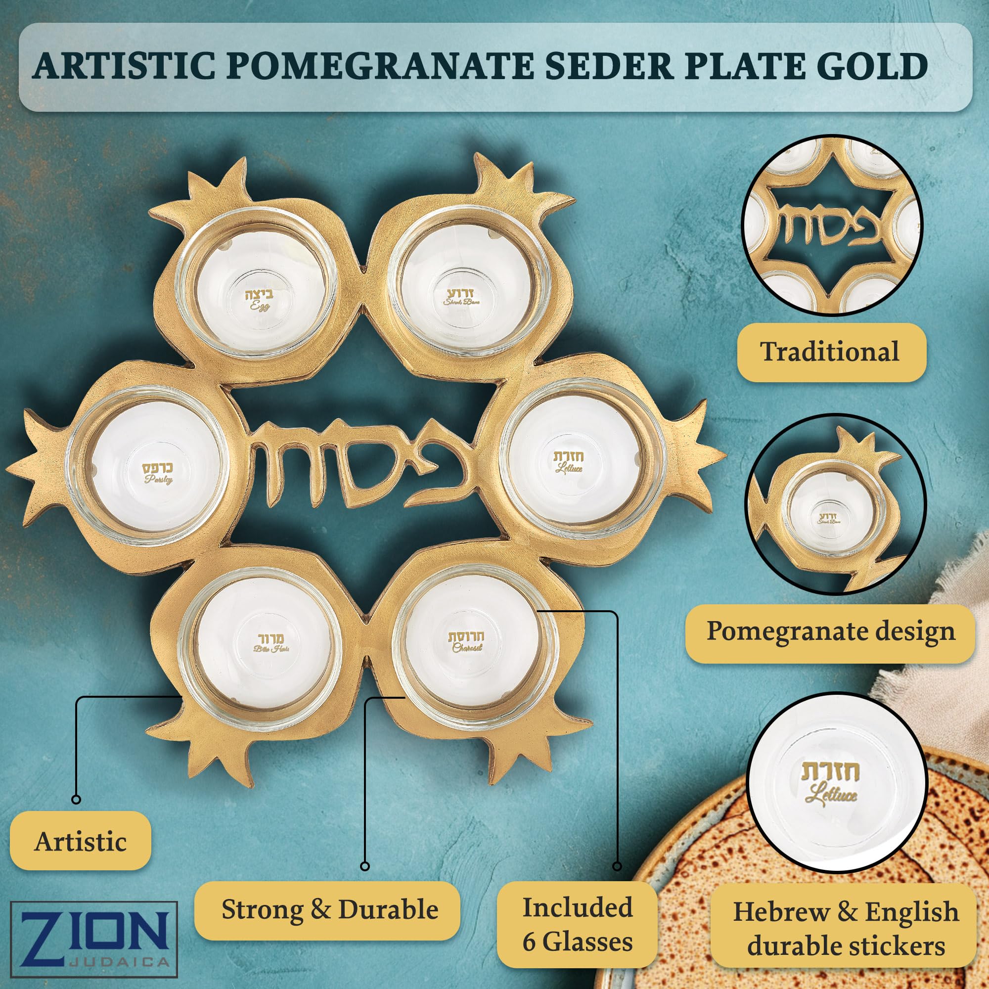 Gold Passover Seder Plate - Pomegranate Shaped Aluminum Tray with 6 Glass Dishes for Pesach Celebrations