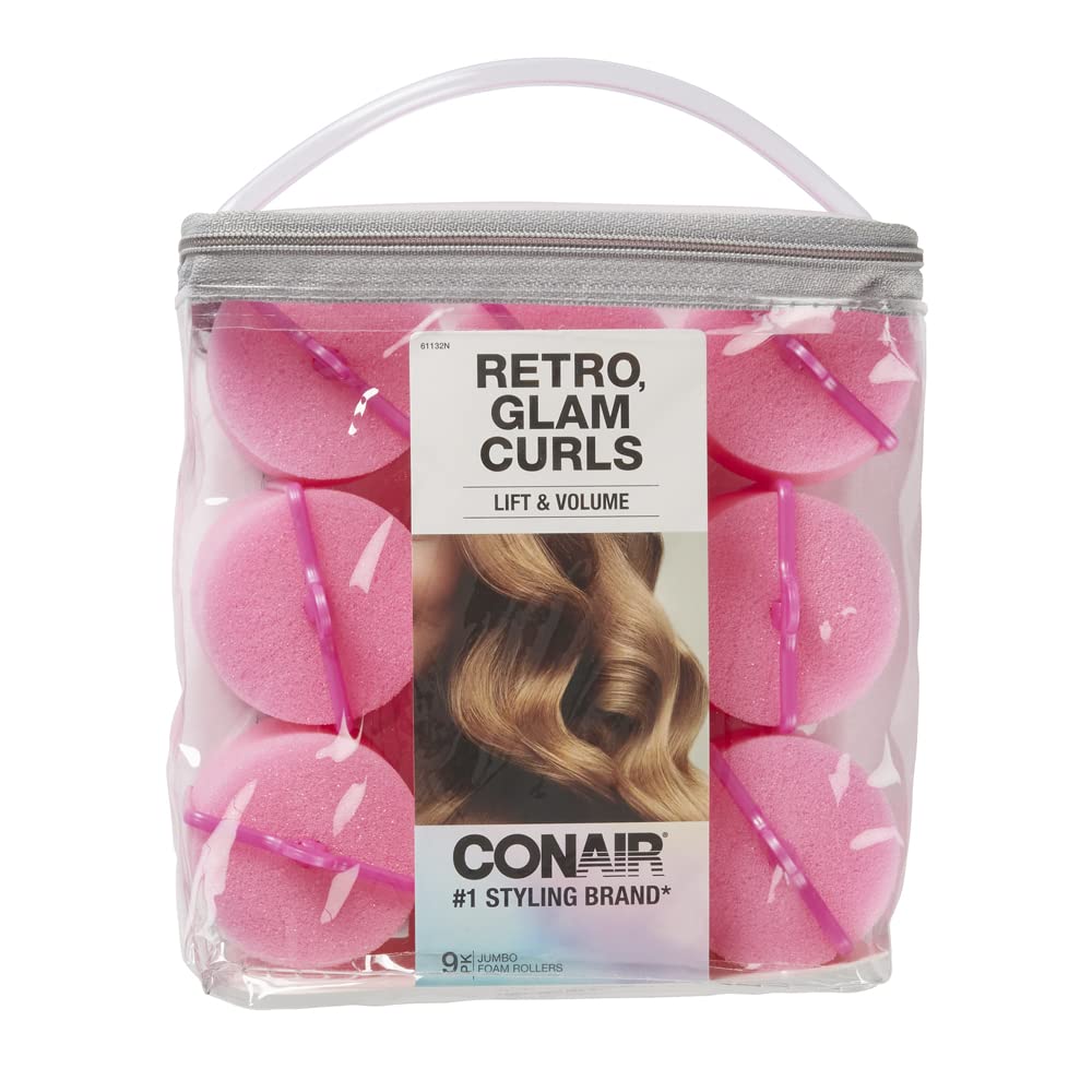 Conair Foam Hair Rollers - Heatless Hair Curlers for Soft Waves & Curls - Large Pink Foam Rollers (9 Count) with Storage Case - Perfect for Overnight Styling & Travel